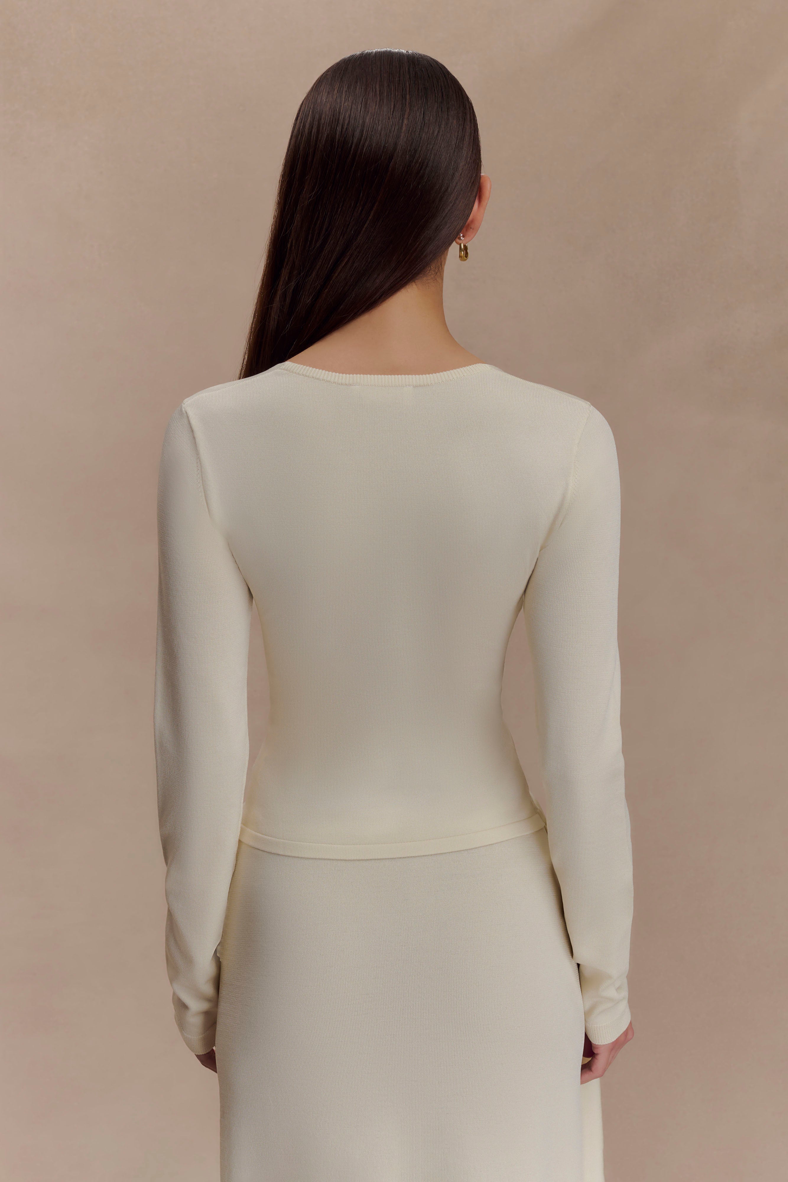 Miraby Front Ruched Knit Long Sleeve Top - Ivory | MESHKI US