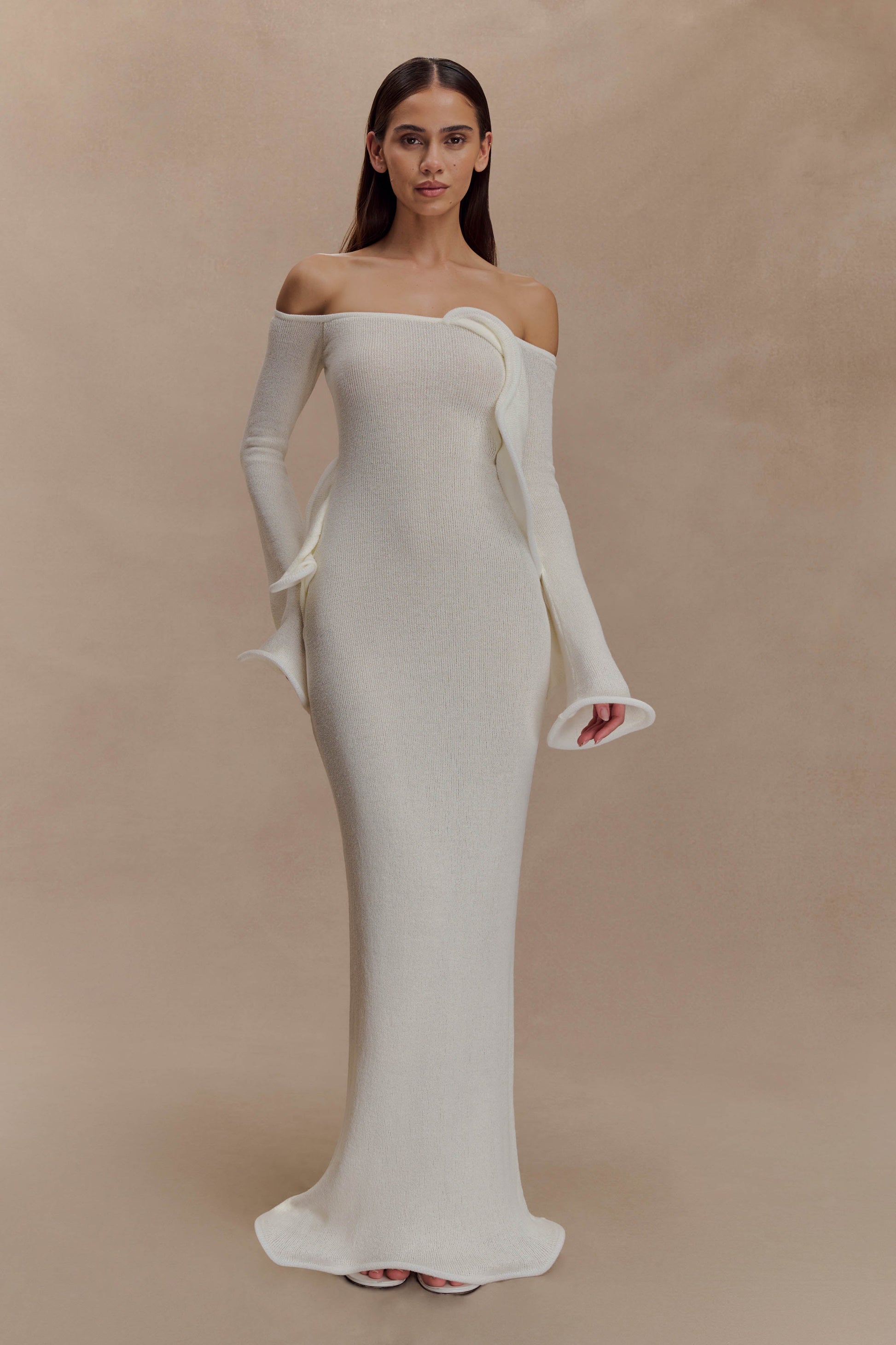 Sandrine Off Shoulder Knit Maxi Dress / White | MESHKI | S Sandrine Off Shoulder Knit Maxi Dress / White | MESHKI | S