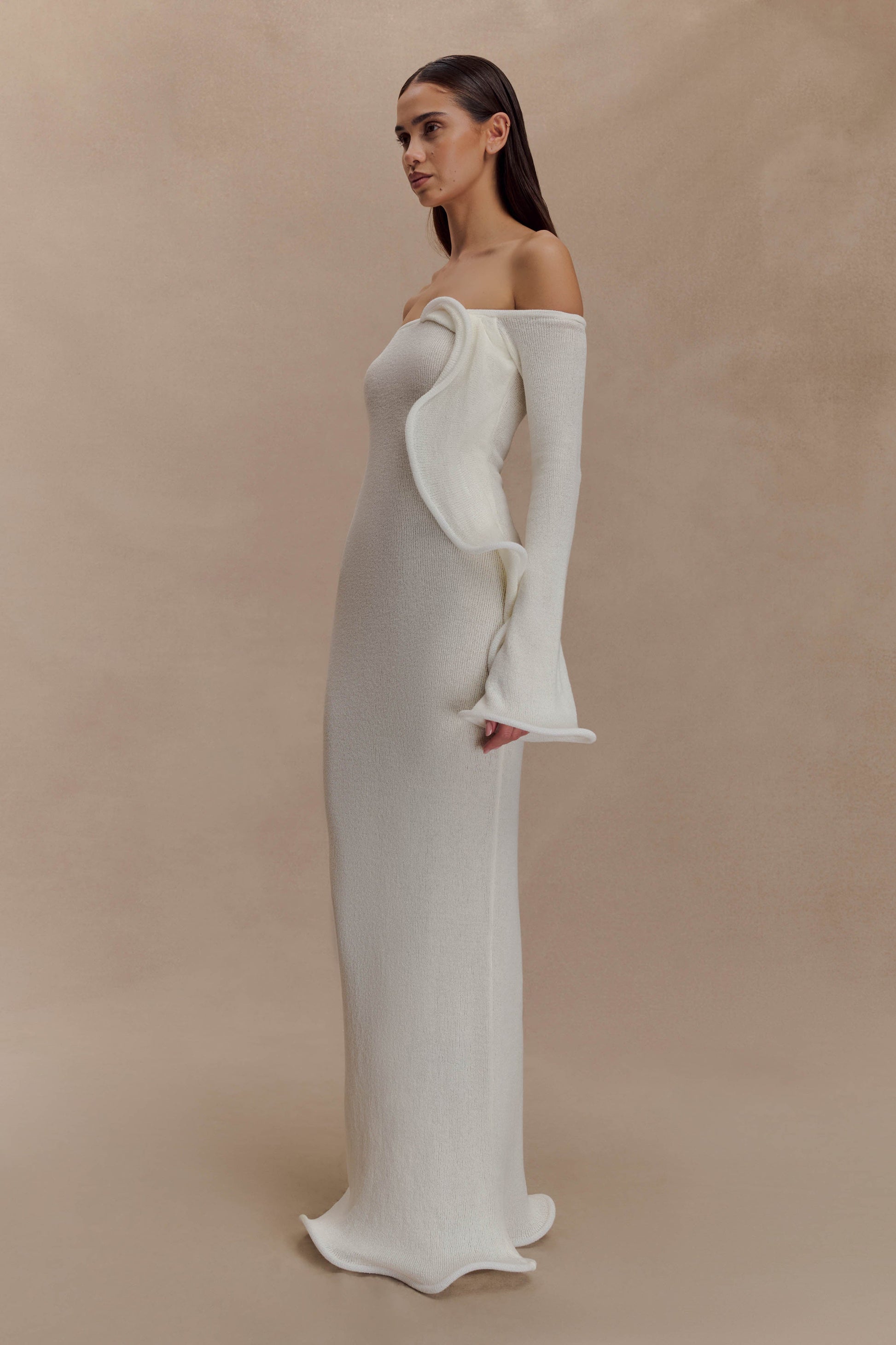 Sandrine Off Shoulder Knit Maxi Dress - White | MESHKI US Sandrine Off Shoulder Knit Maxi Dress - White | MESHKI US