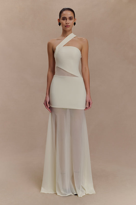 meshki white dresses Yvette Slip Maxi Dress With Asymmetrical Hem - pleated bust panel that adds subtle texture and structure White Dresses For Women |