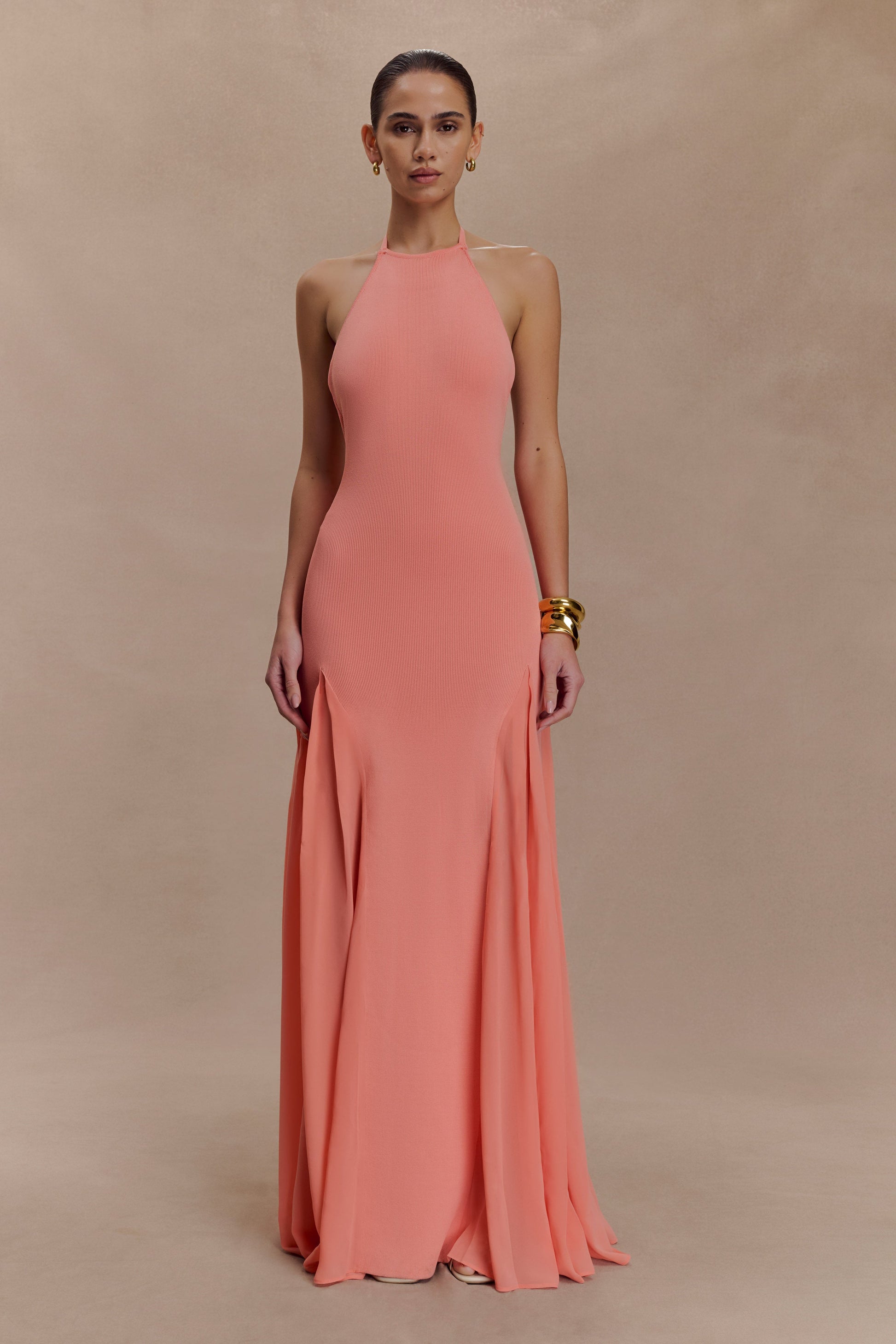 Soleil Knit And Mesh Halter Maxi Dress - Coral | MESHKI US Soleil Knit And Mesh Halter Maxi Dress - Coral | MESHKI US
