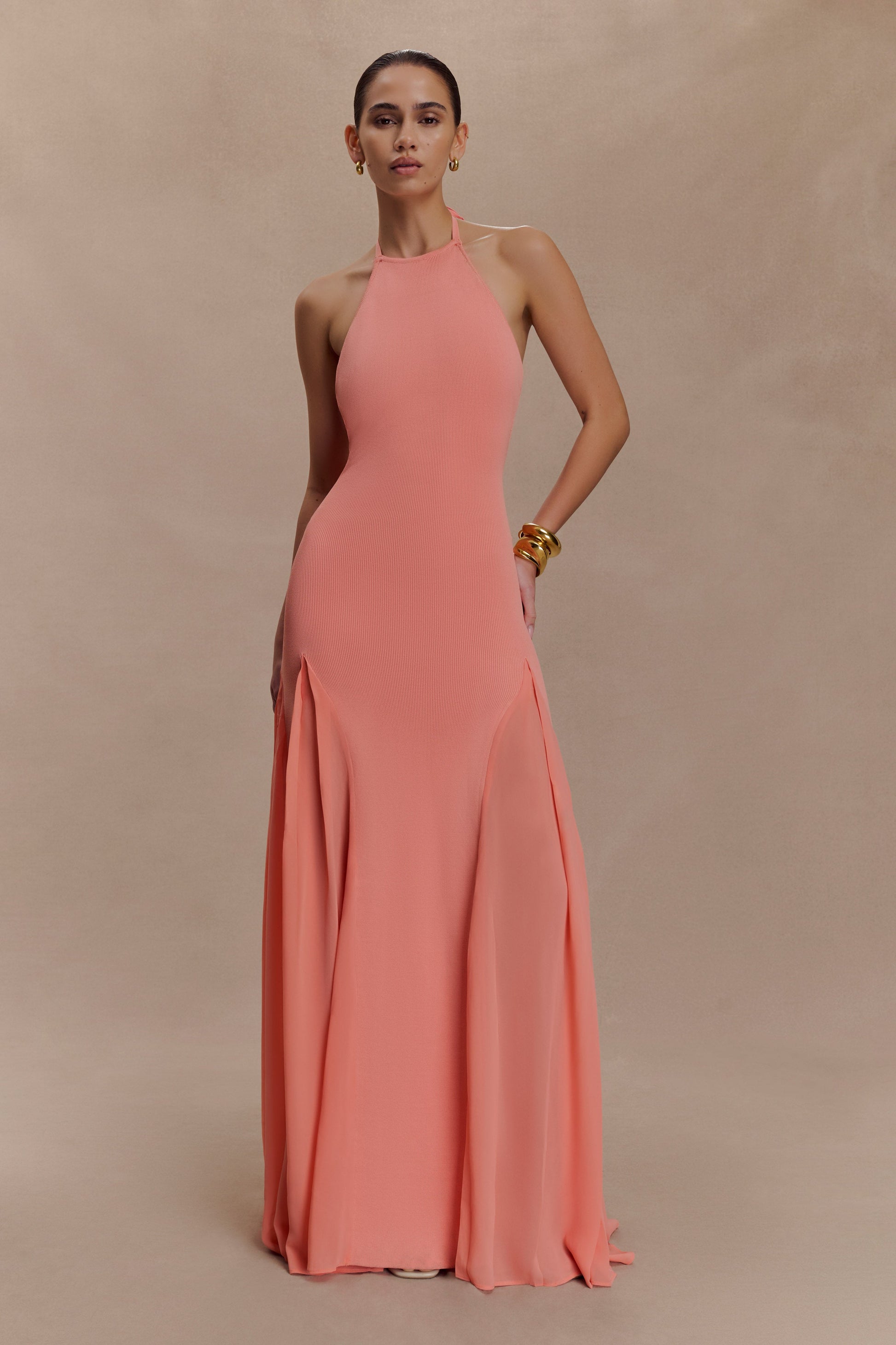 Soleil Knit And Mesh Halter Maxi Dress - Coral | MESHKI US Soleil Knit And Mesh Halter Maxi Dress - Coral | MESHKI US