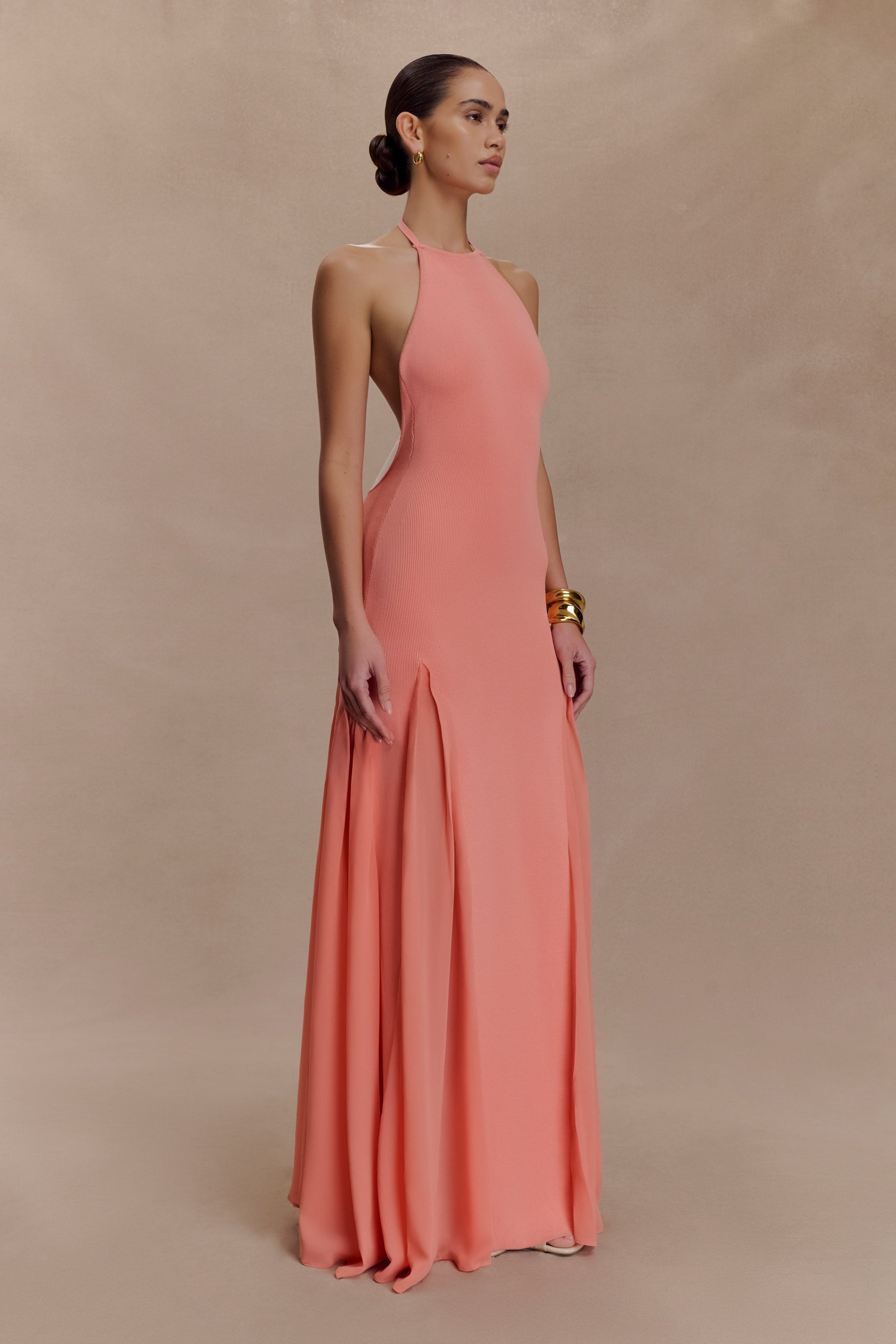Soleil Knit and Mesh Halter Maxi Dress / Coral | Meshki | XL Soleil Knit and Mesh Halter Maxi Dress / Coral | Meshki | XL