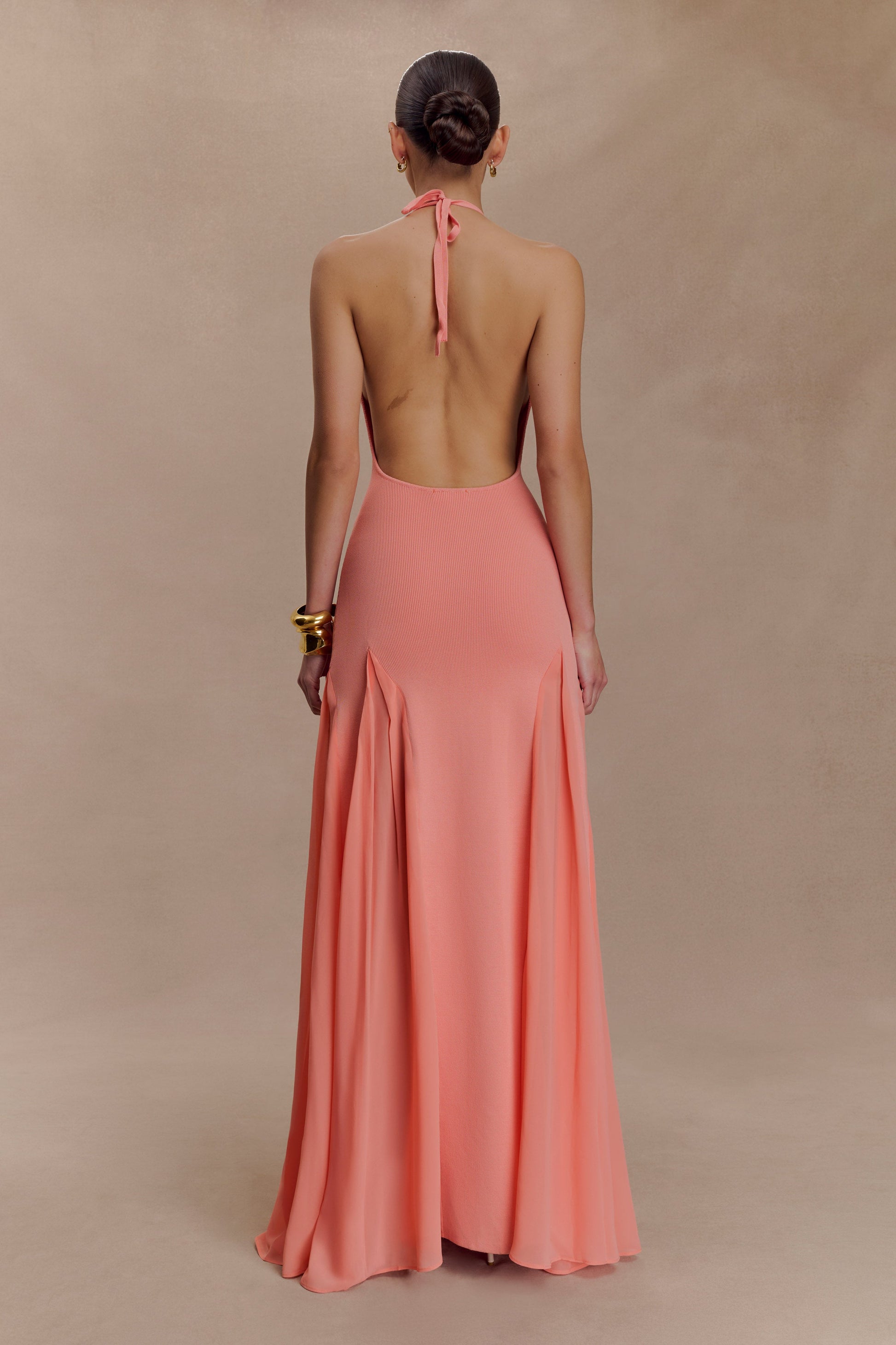 Soleil Knit And Mesh Halter Maxi Dress - Coral | MESHKI US Soleil Knit And Mesh Halter Maxi Dress - Coral | MESHKI US
