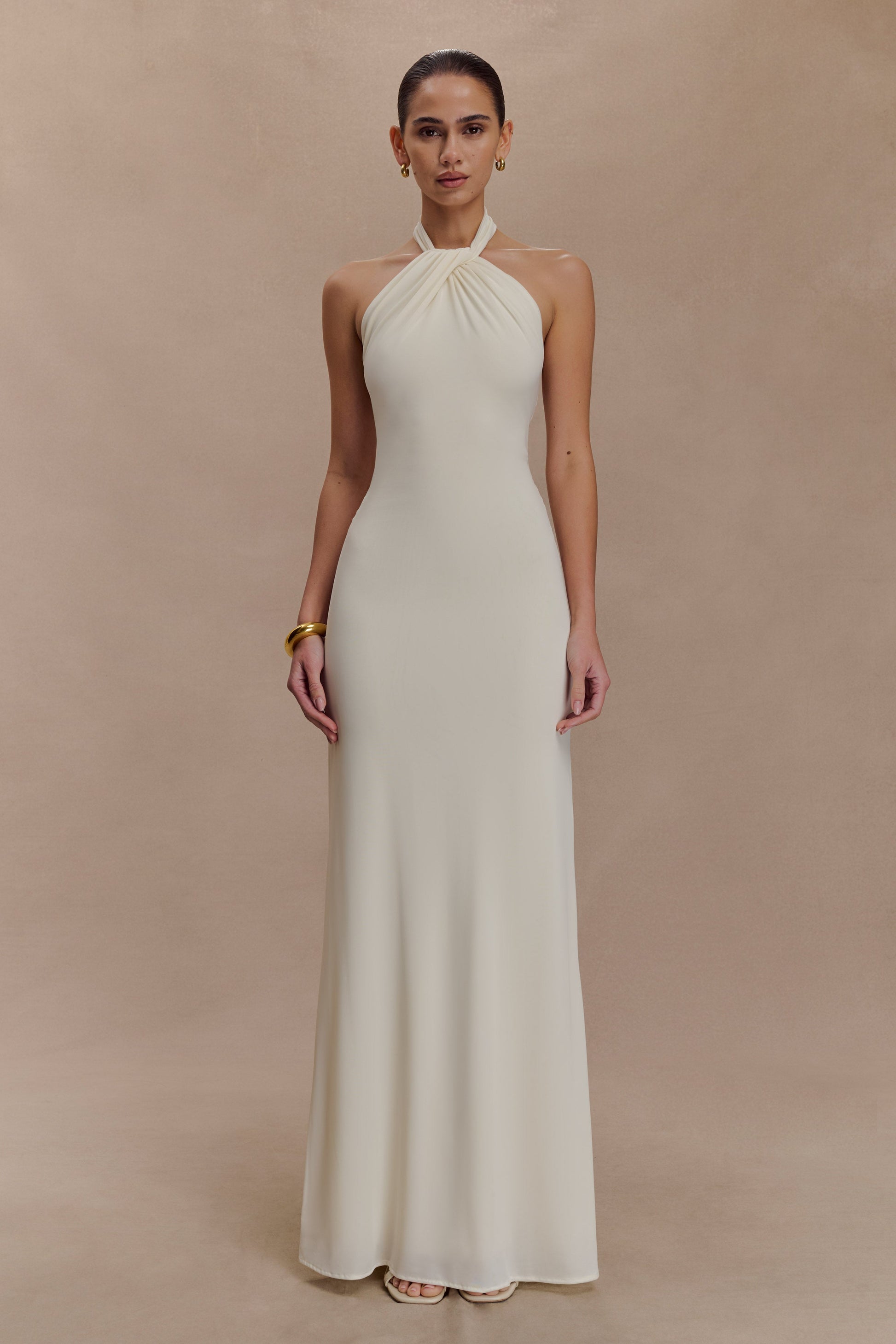 Elyna Slinky Halter Maxi Dress / Ivory | MESHKI | XXL Elyna Slinky Halter Maxi Dress / Ivory | MESHKI | XXL