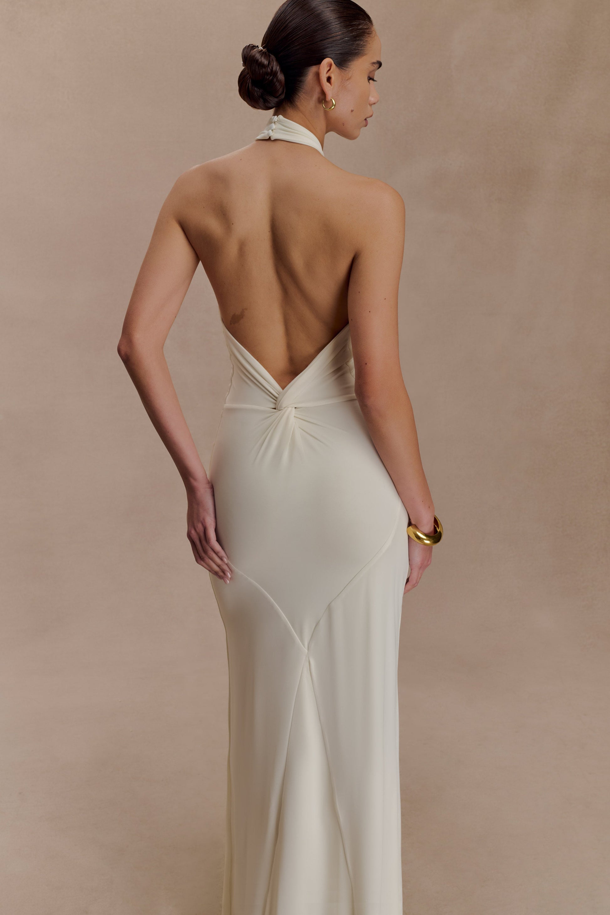 Elyna Slinky Halter Maxi Dress / Ivory | MESHKI | XXL Elyna Slinky Halter Maxi Dress / Ivory | MESHKI | XXL