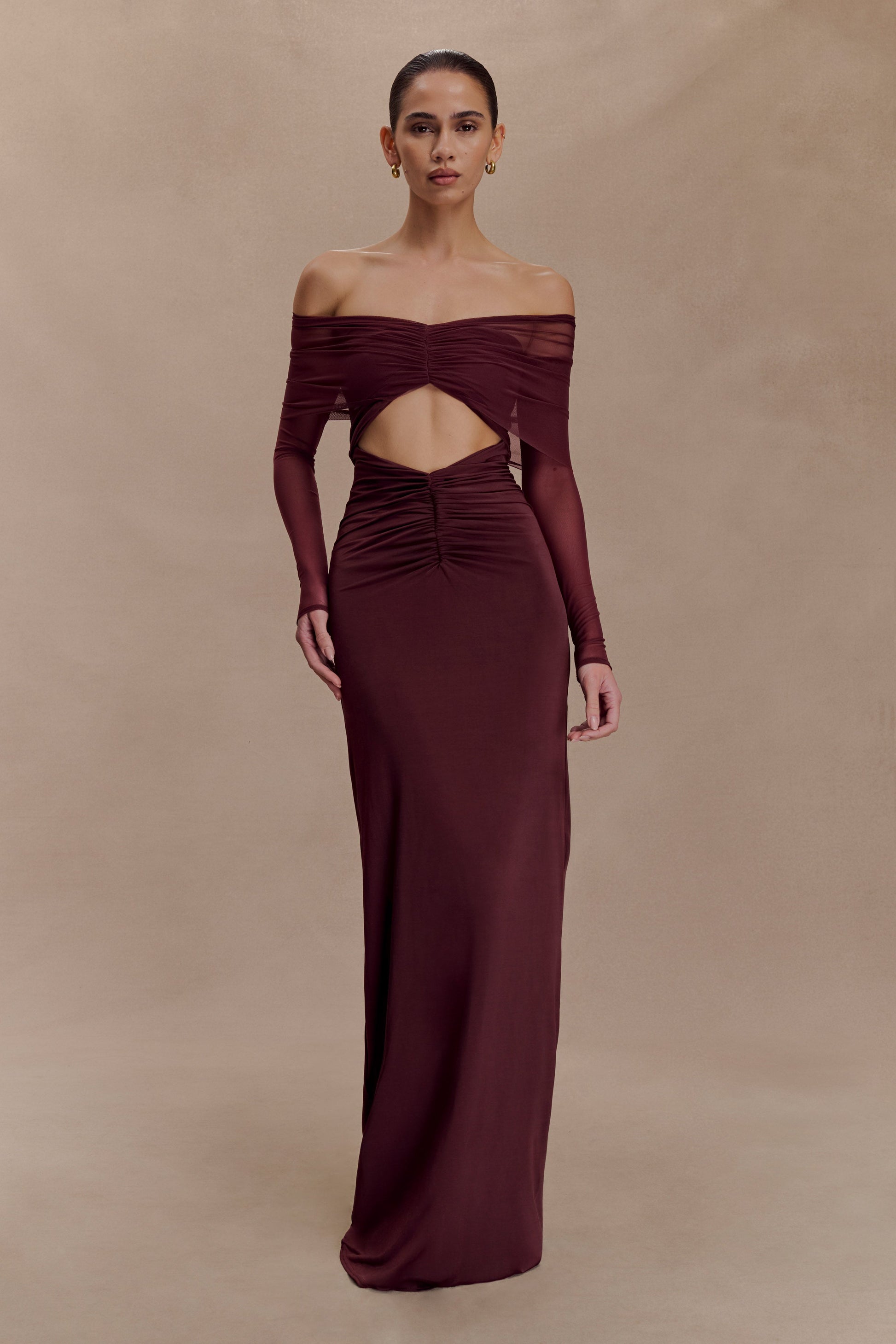 Rafaella Slinky And Mesh Maxi Dress / Mahogany | MESHKI