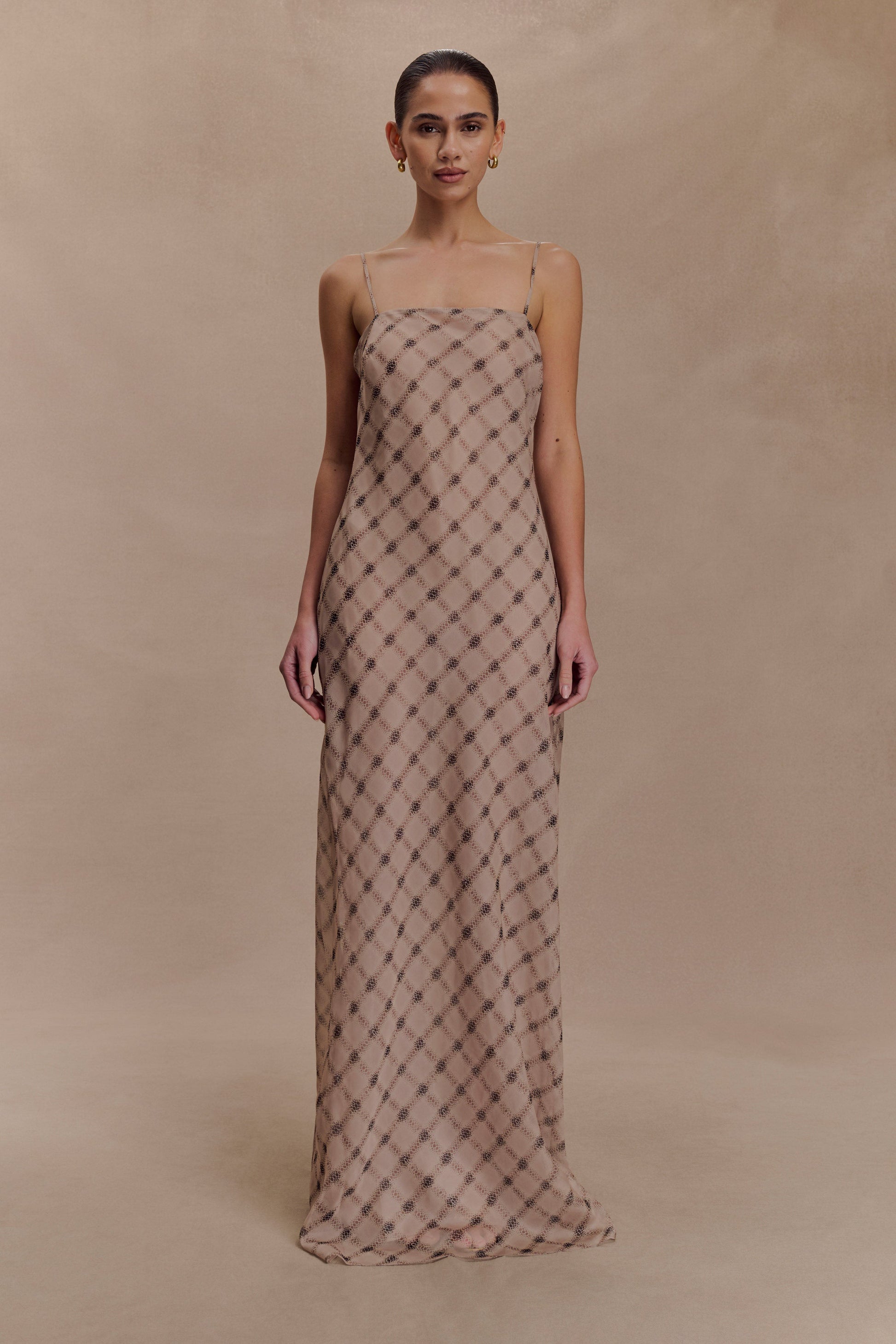 Silvana Chiffon Maxi Dress / Snake Check Print Mocha | MESHKI