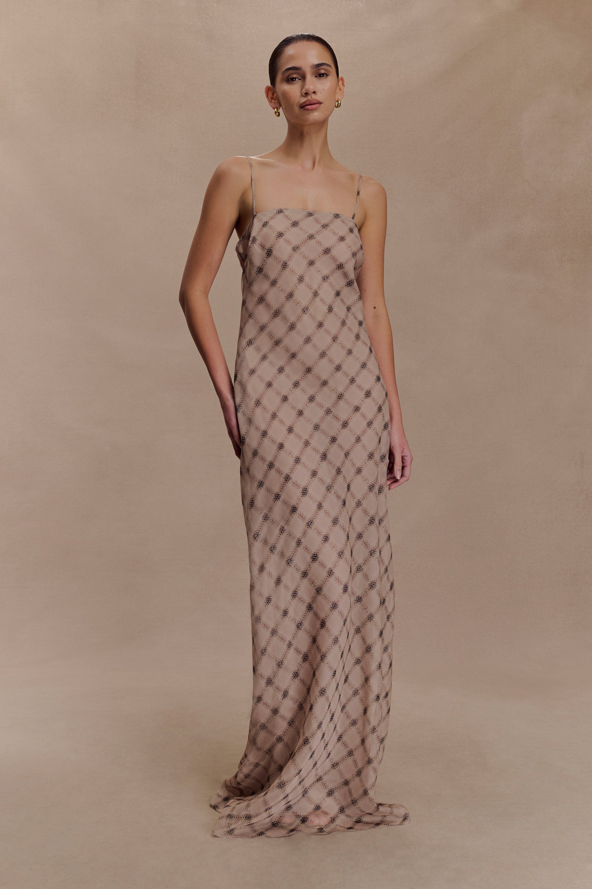 Silvana Chiffon Maxi Dress / Snake Check Print Mocha | MESHKI
