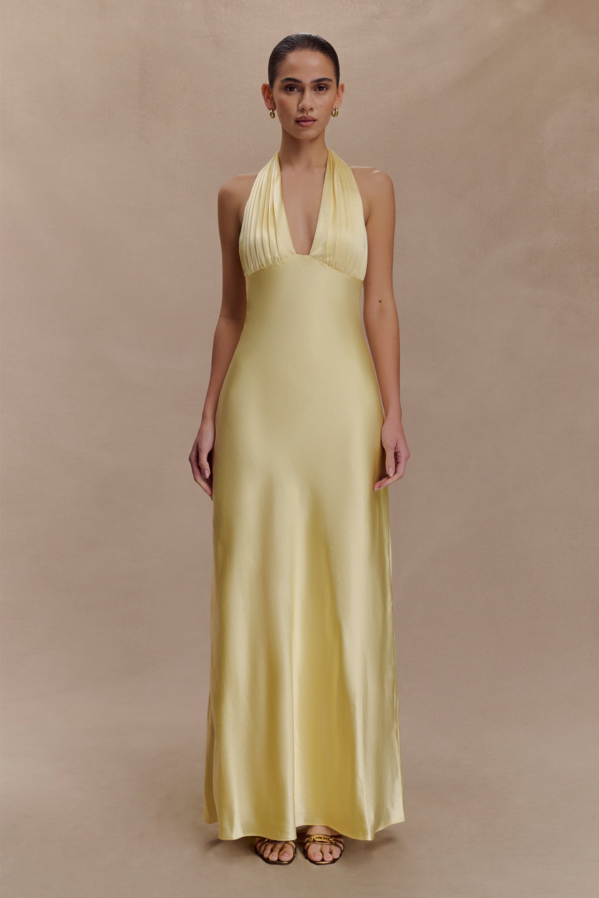 Alice Satin Halter Maxi Dress / Lemon | MESHKI