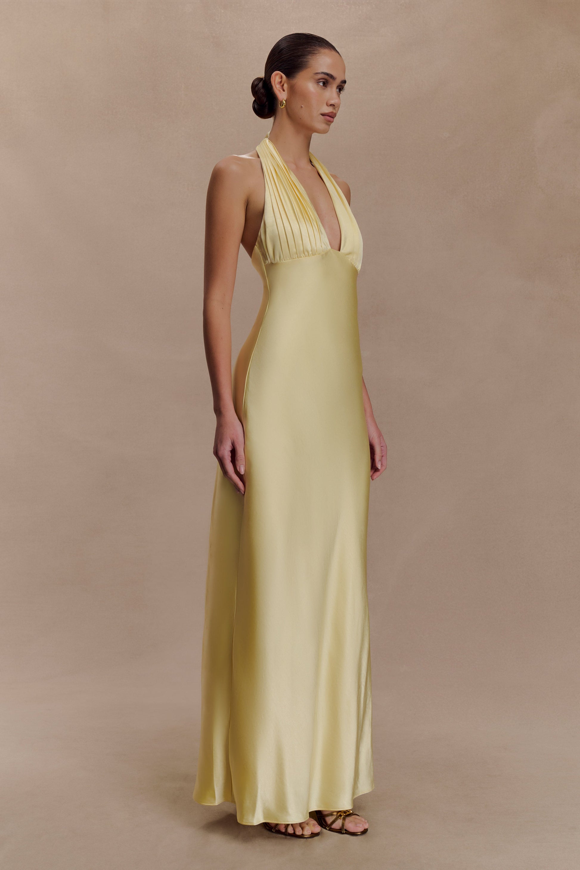 lemon halter dress Bella Satin Halter Maxi Dress / Lemon | MESHKI