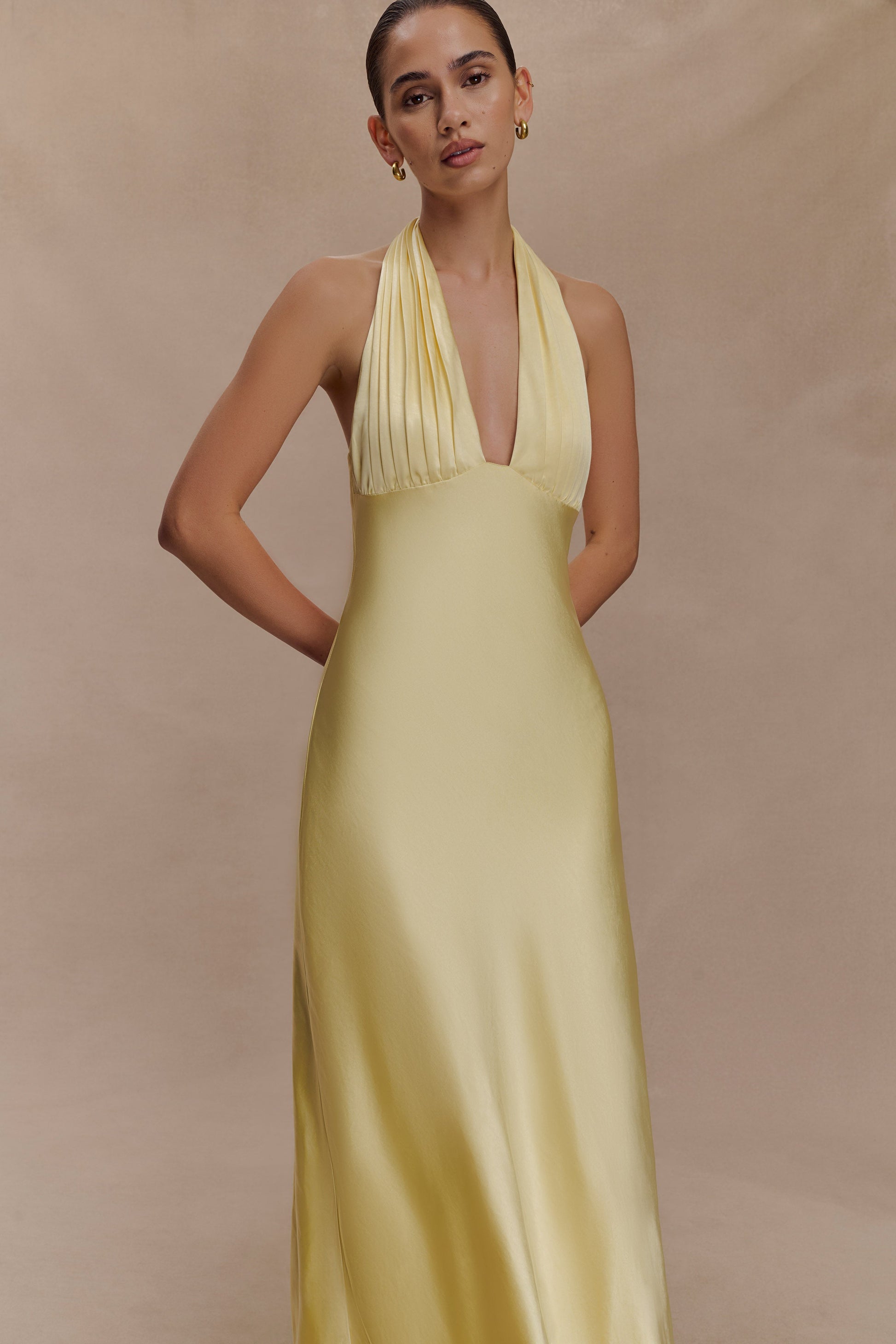 Alice Satin Halter Maxi Dress / Lemon | MESHKI