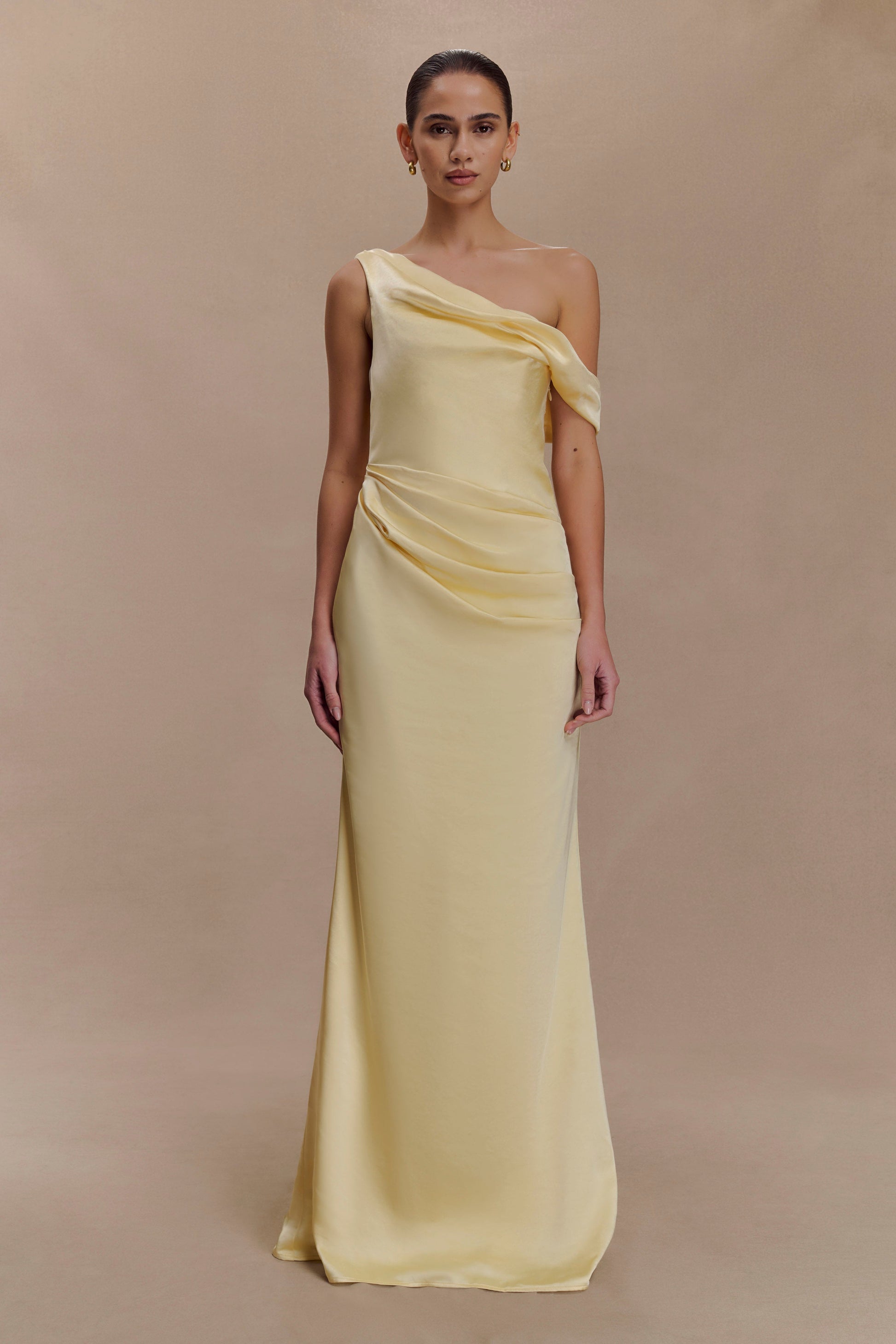 Dalia Off Shoulder Satin Maxi Dress / Lemon | Meshki | M Dalia Off Shoulder Satin Maxi Dress / Lemon | Meshki | M