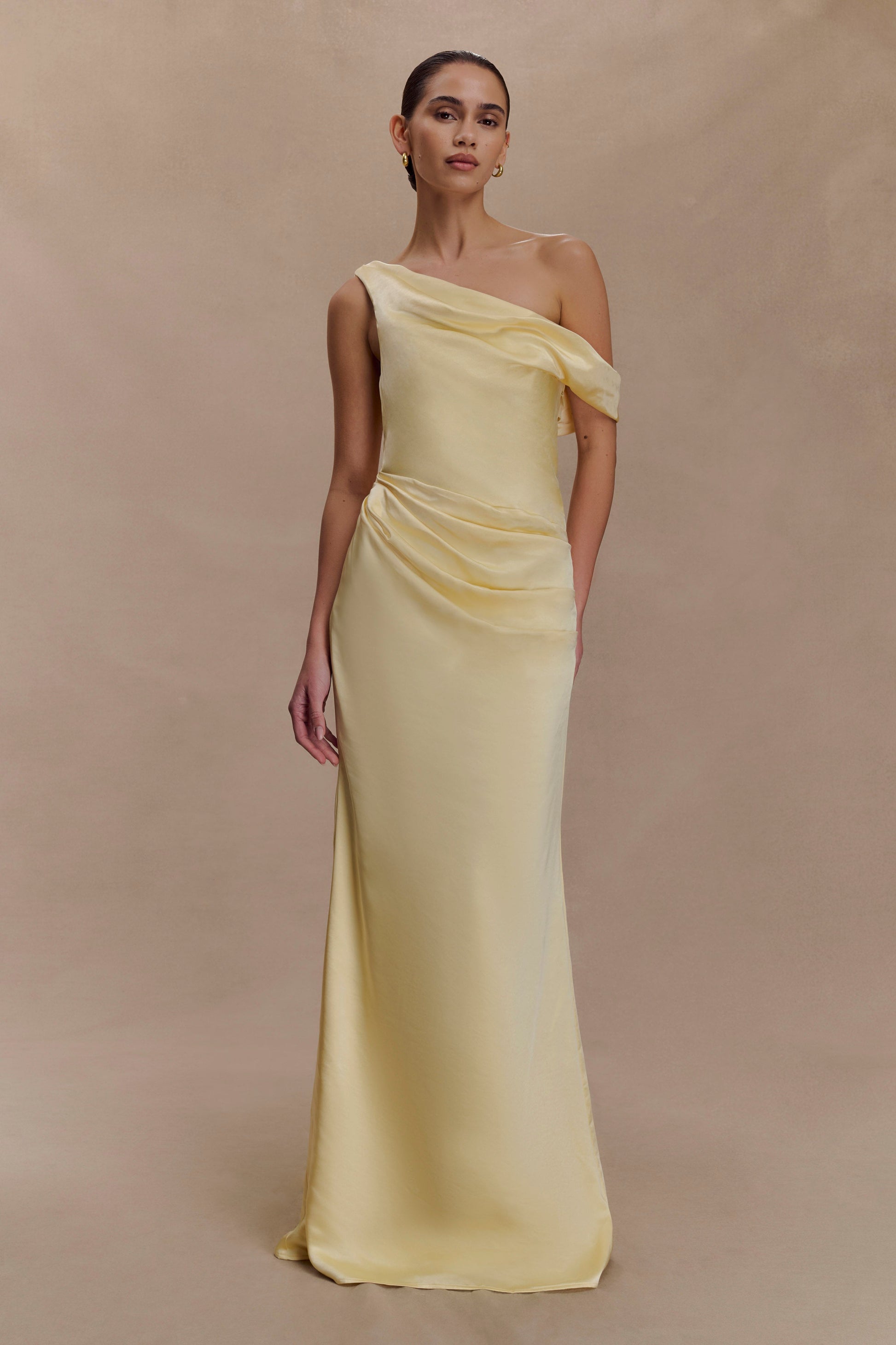 Dalia Off Shoulder Satin Maxi Dress / Lemon | MESHKI