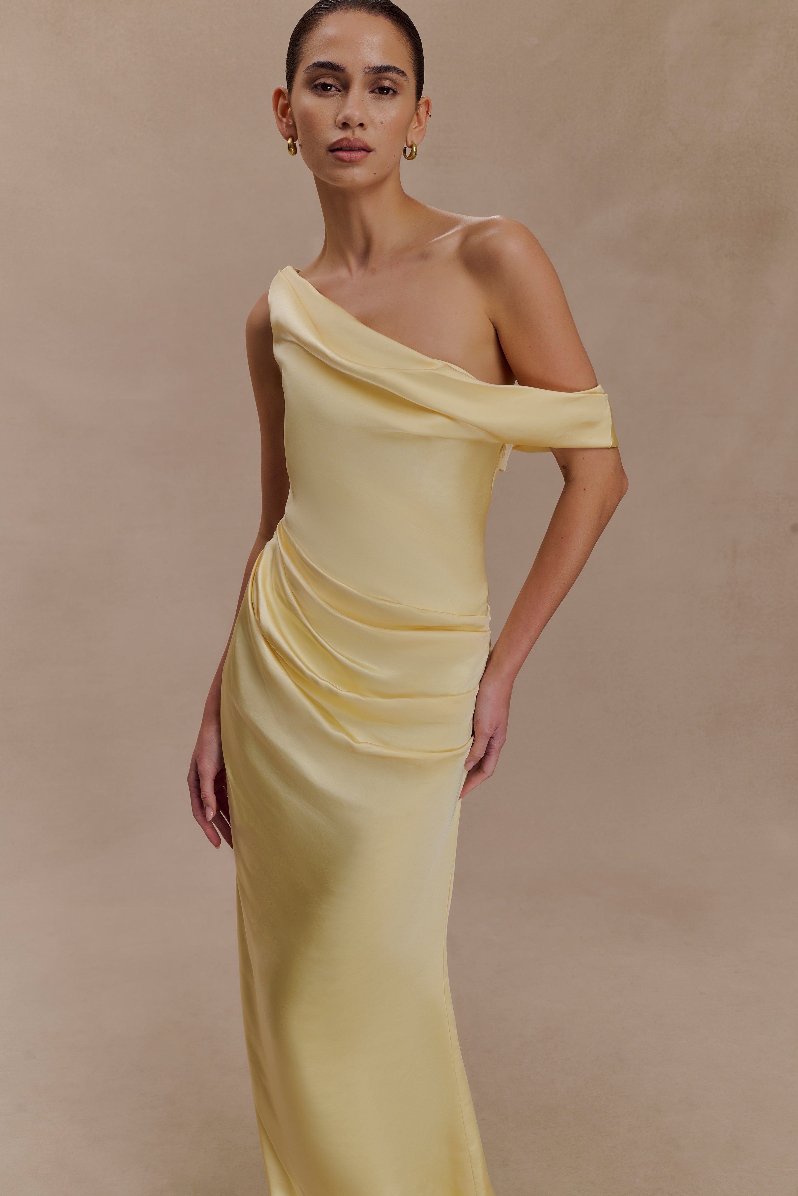 Dalia Off Shoulder Satin Maxi Dress - Lemon | MESHKI US