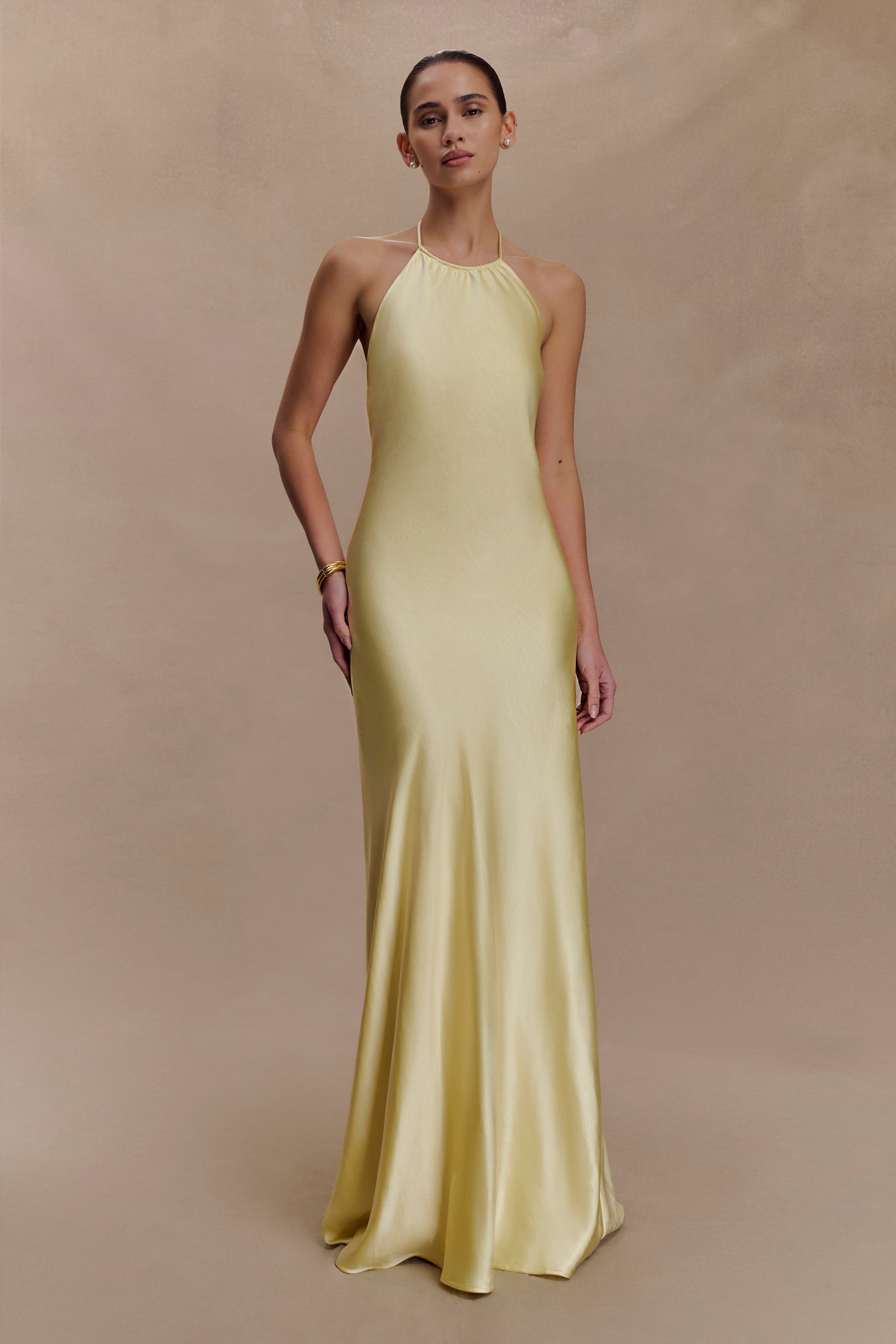 Bella Satin Halter Maxi Dress / Lemon | MESHKI
