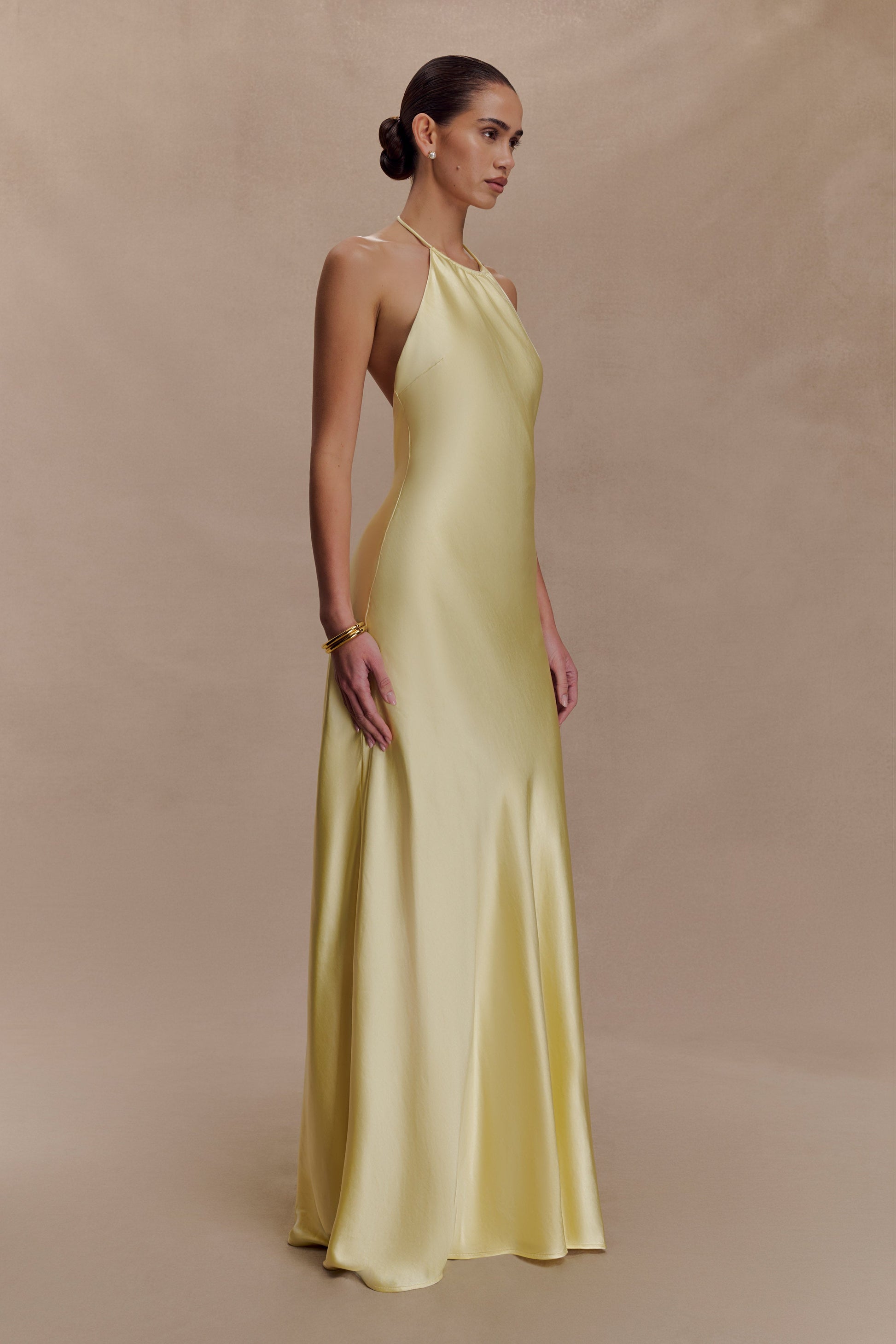Bella Satin Halter Maxi Dress / Lemon | MESHKI | XXL Bella Satin Halter Maxi Dress / Lemon | MESHKI | XXL