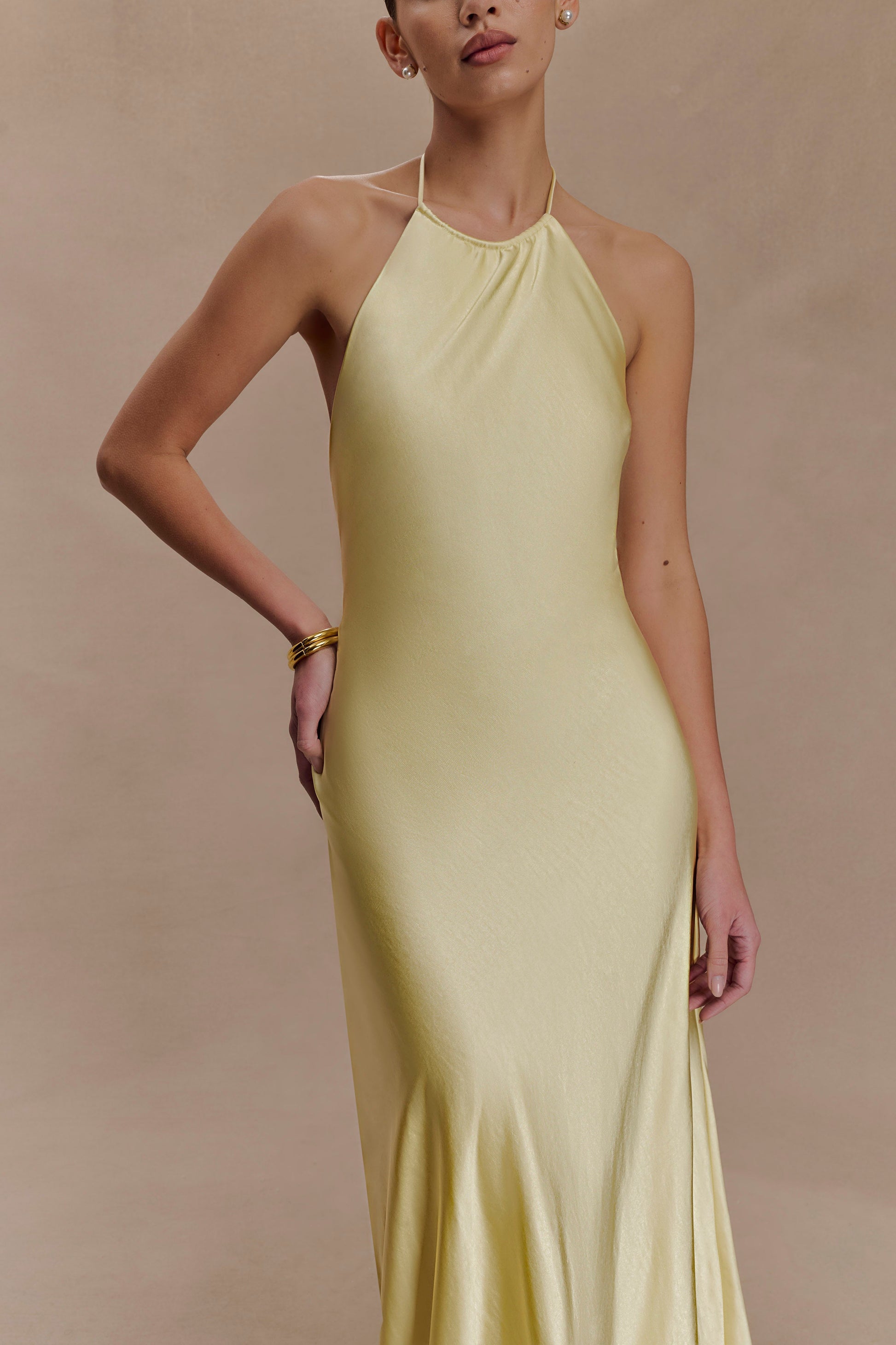 Bella Satin Halter Maxi Dress / Lemon | MESHKI | XXL Bella Satin Halter Maxi Dress / Lemon | MESHKI | XXL