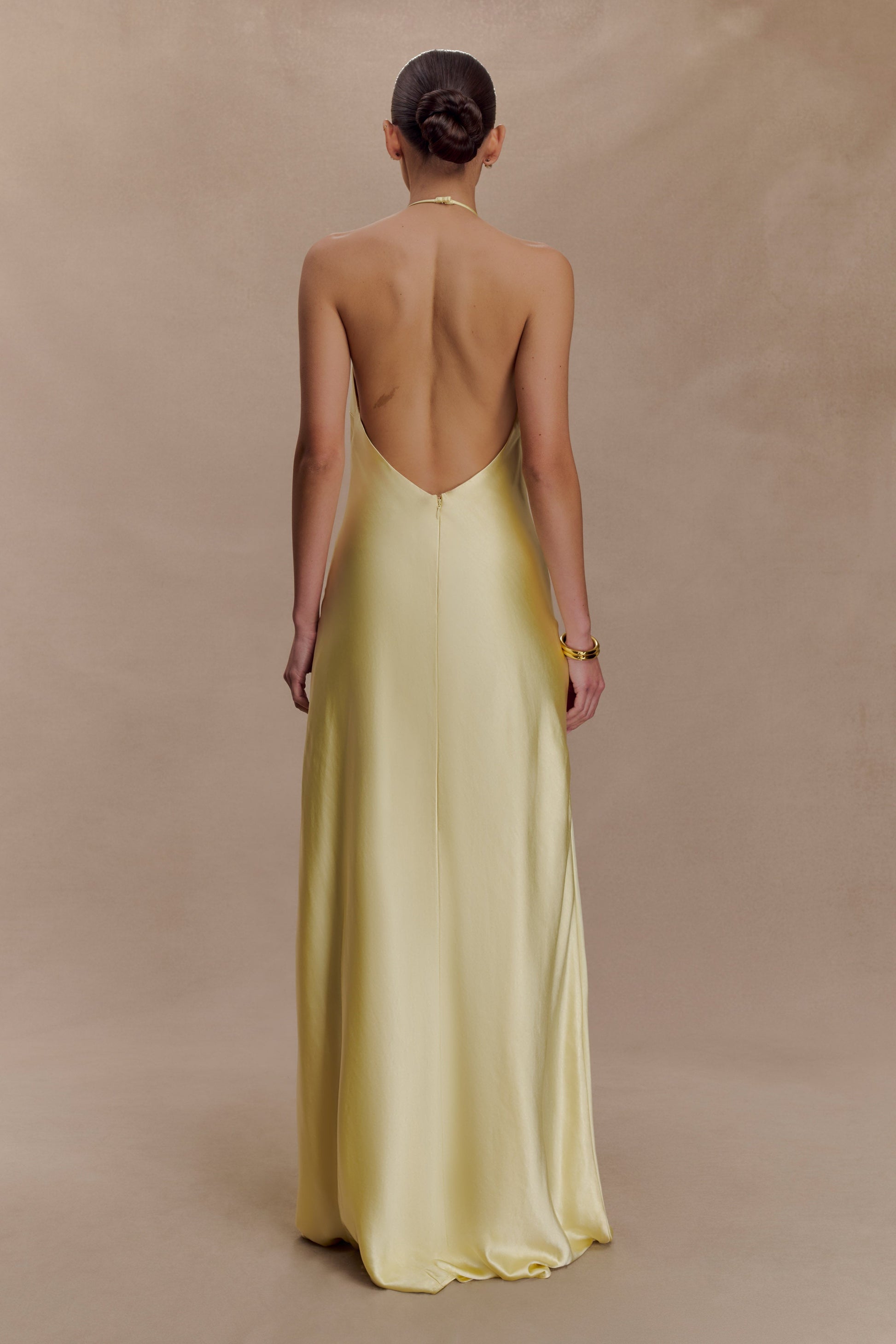 Bella Satin Halter Maxi Dress / Lemon | MESHKI | XXL Bella Satin Halter Maxi Dress / Lemon | MESHKI | XXL