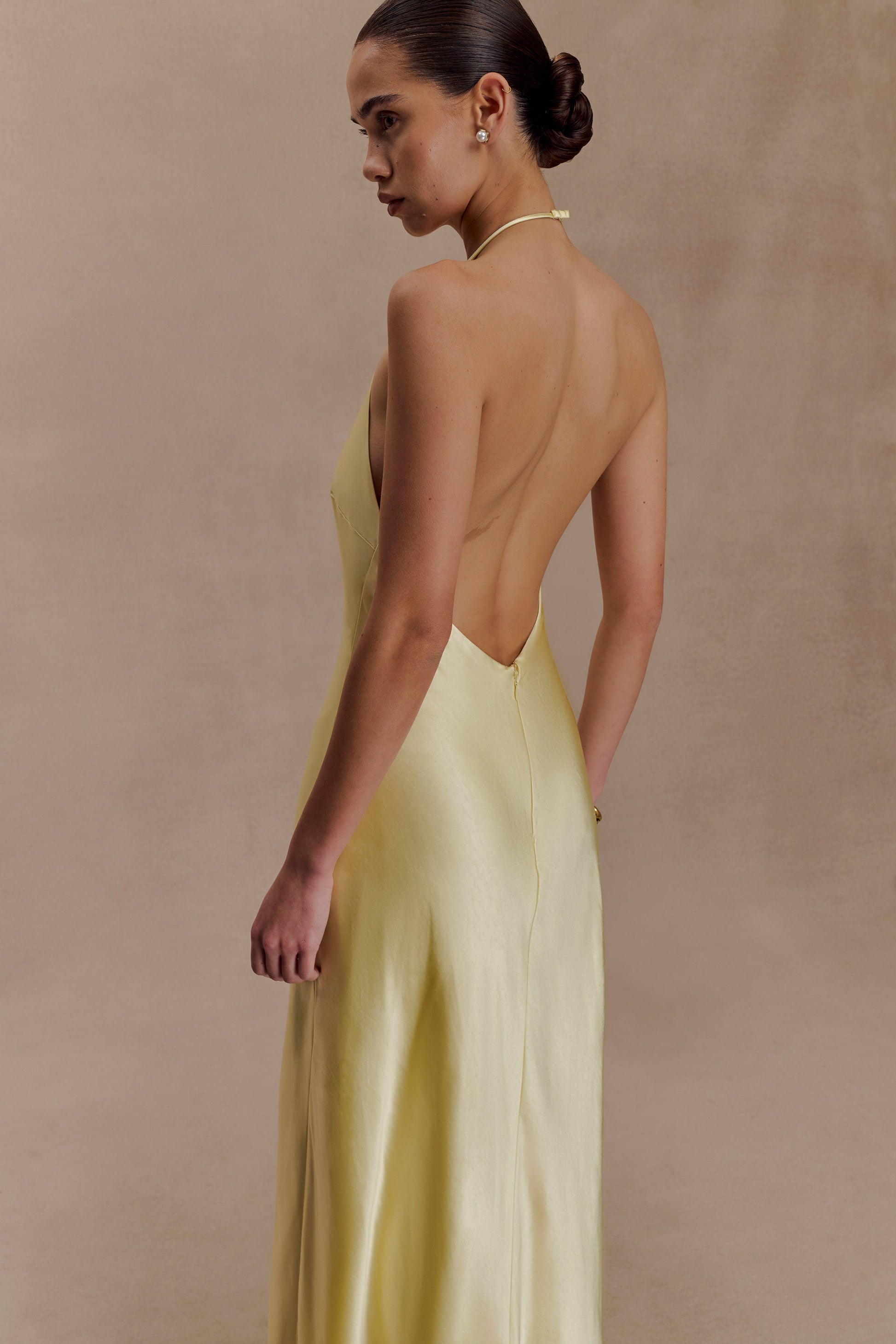 Bella Satin Halter Maxi Dress / Lemon | MESHKI