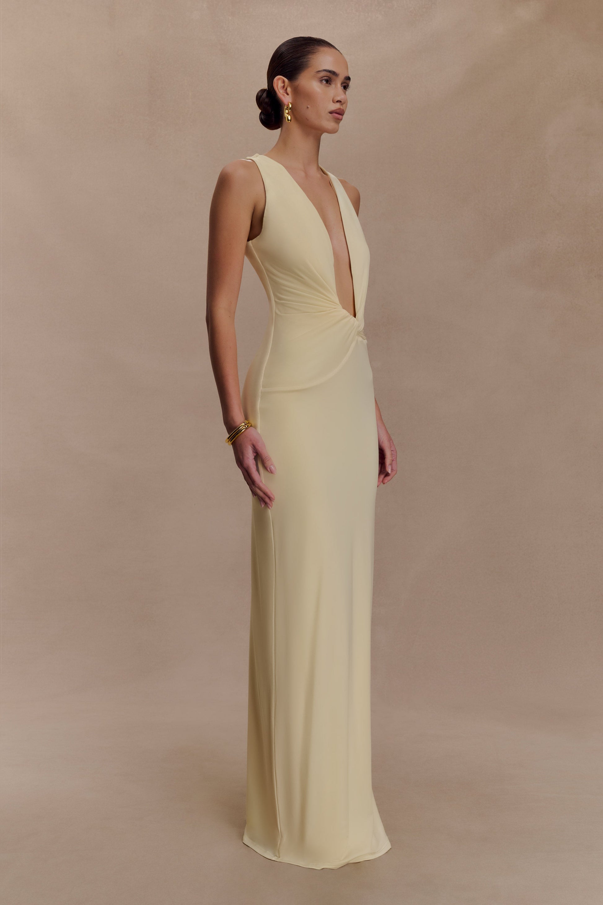 Stella Draped Slinky Maxi Dress / Pale Lemon | MESHKI