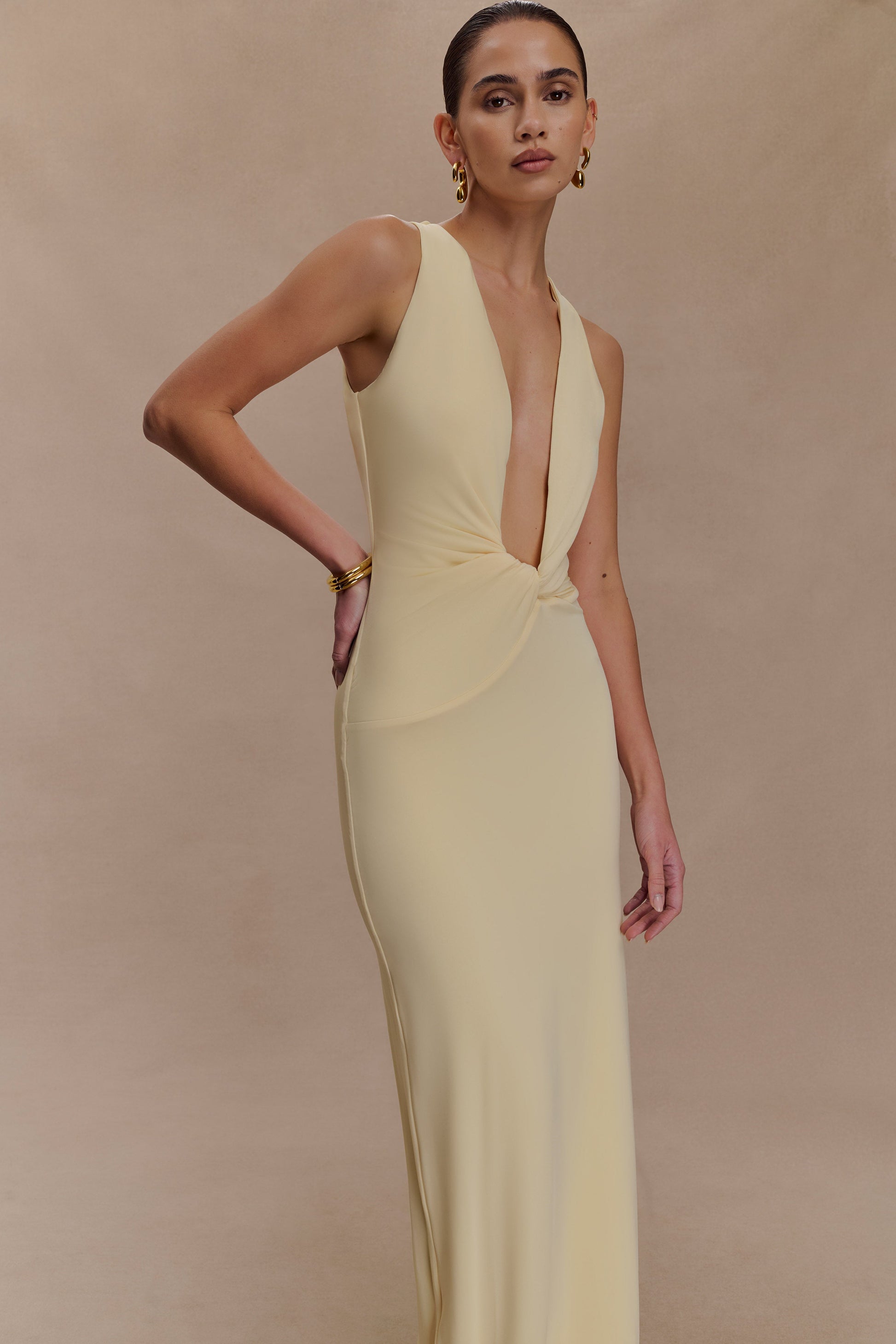 Stella Draped Slinky Maxi Dress / Pale Lemon | MESHKI | XL Stella Draped Slinky Maxi Dress / Pale Lemon | MESHKI | XL