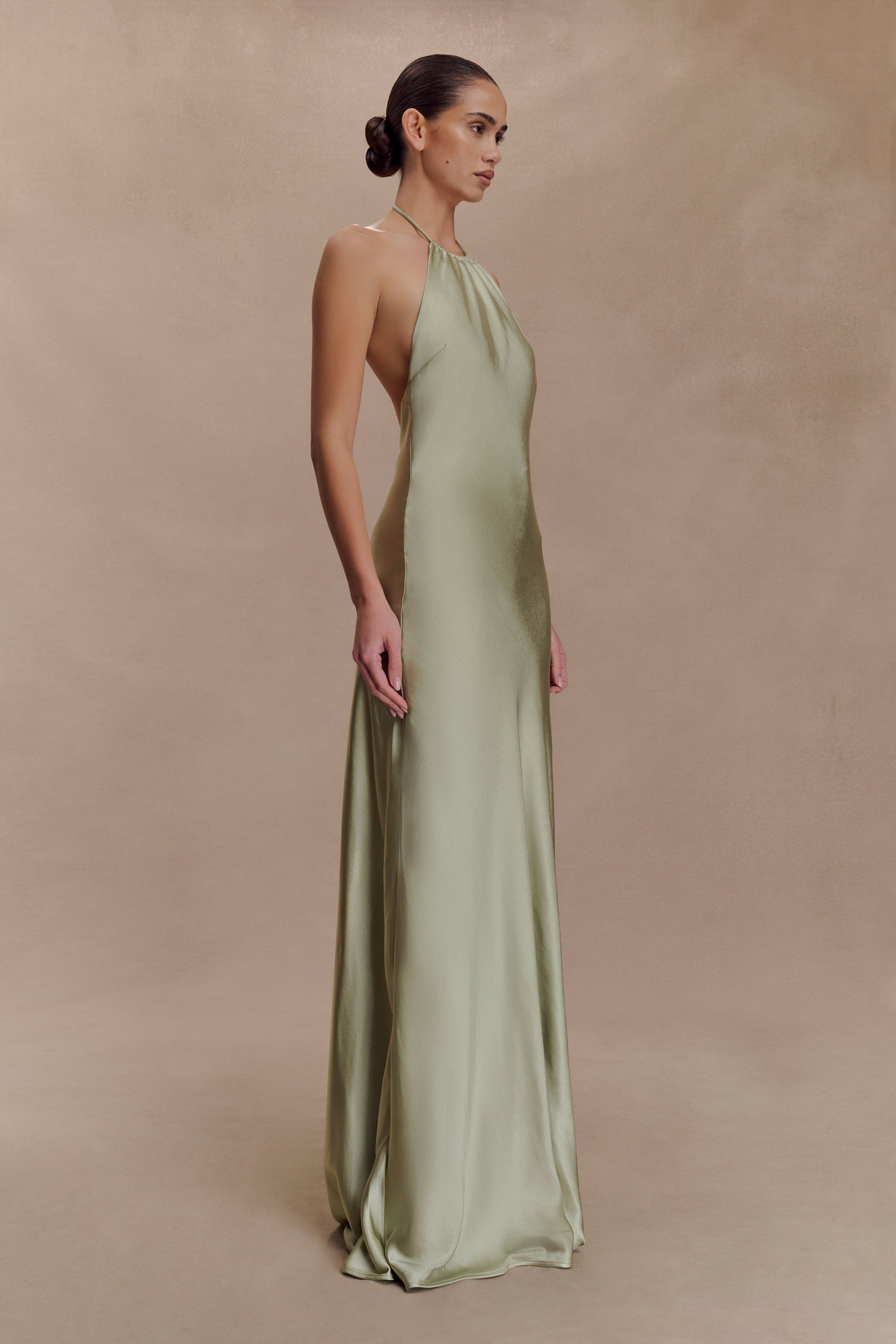 Bella Satin Halter Maxi Dress - Sage | MESHKI US Bella Satin Halter Maxi Dress - Sage | MESHKI US