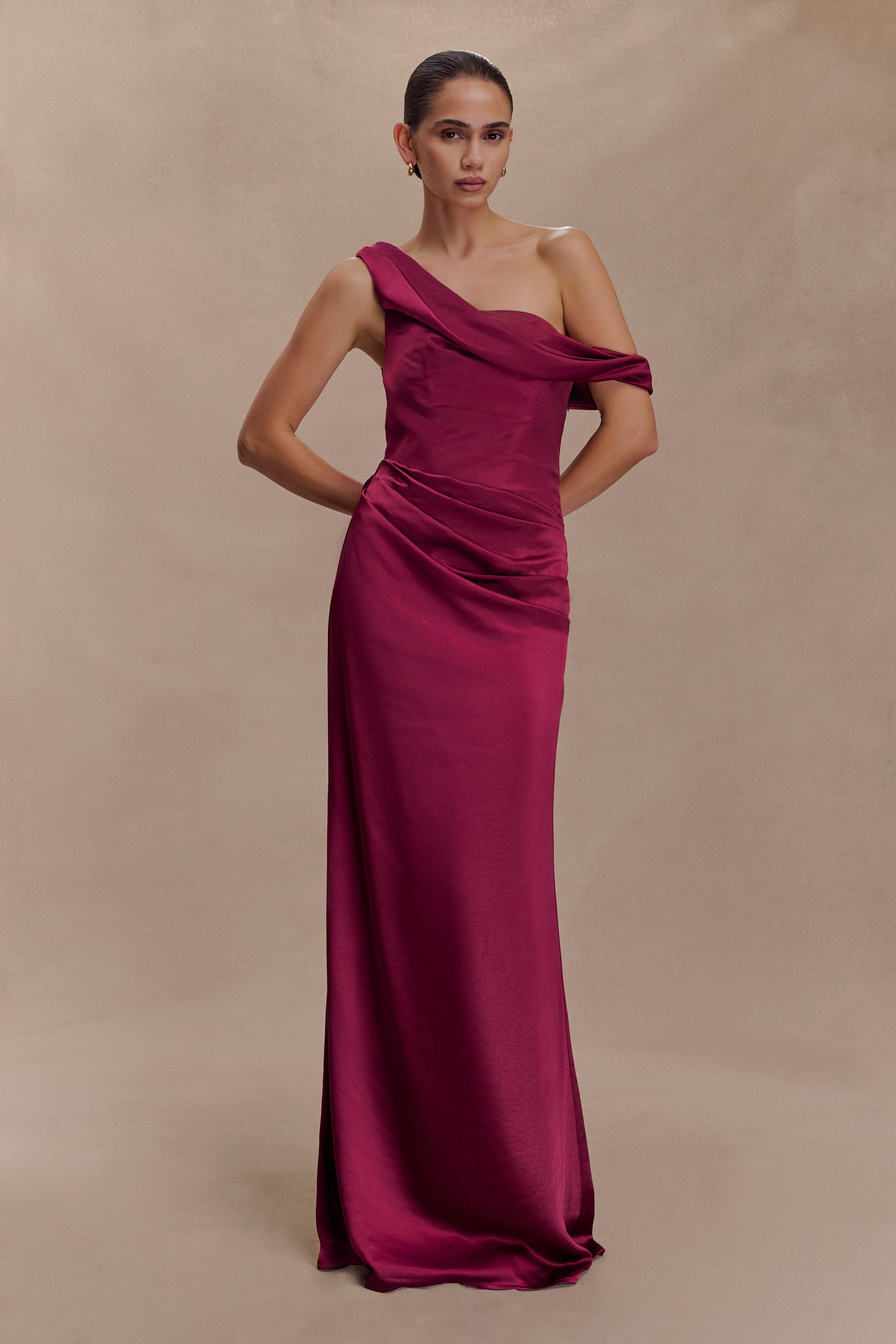 Dalia Off Shoulder Satin Maxi Dress / Mahogany | MESHKI Dalia Off Shoulder Satin Maxi Dress / Mahogany | MESHKI
