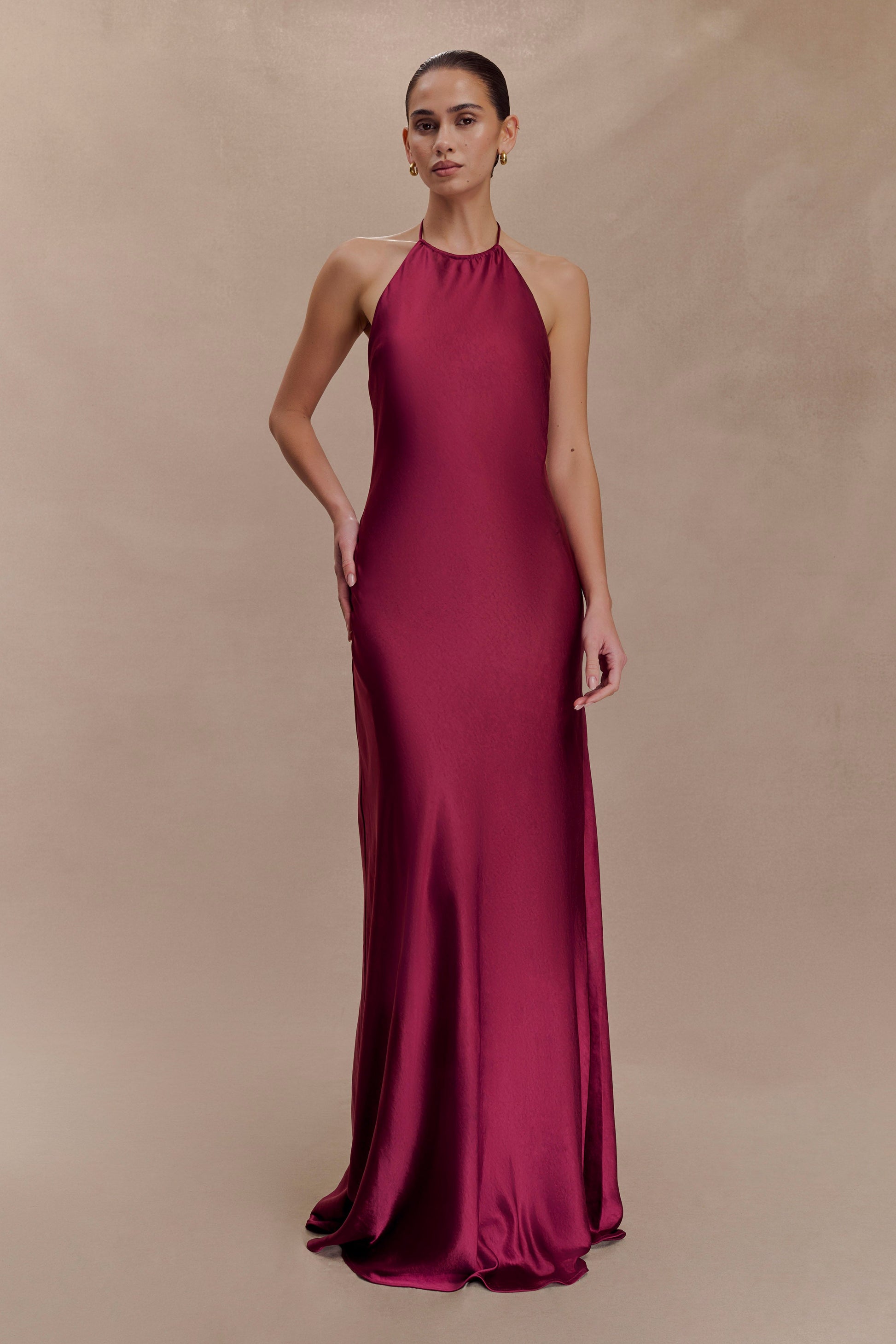 Bella Satin Halter Maxi Dress - Mahogany #3