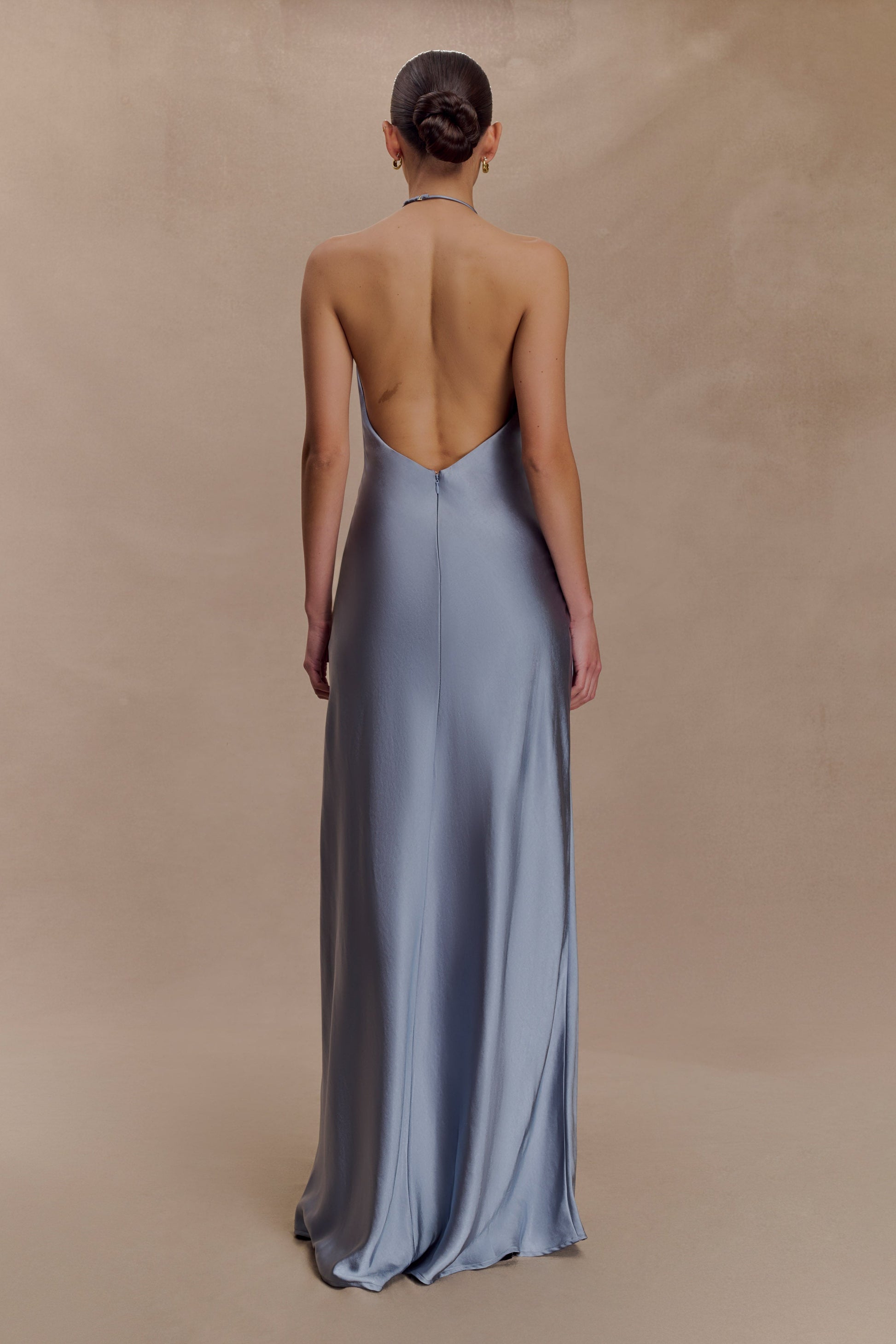 Bella Satin Halter Maxi Dress / Frosted Blue | MESHKI | S Bella Satin Halter Maxi Dress / Frosted Blue | MESHKI | S