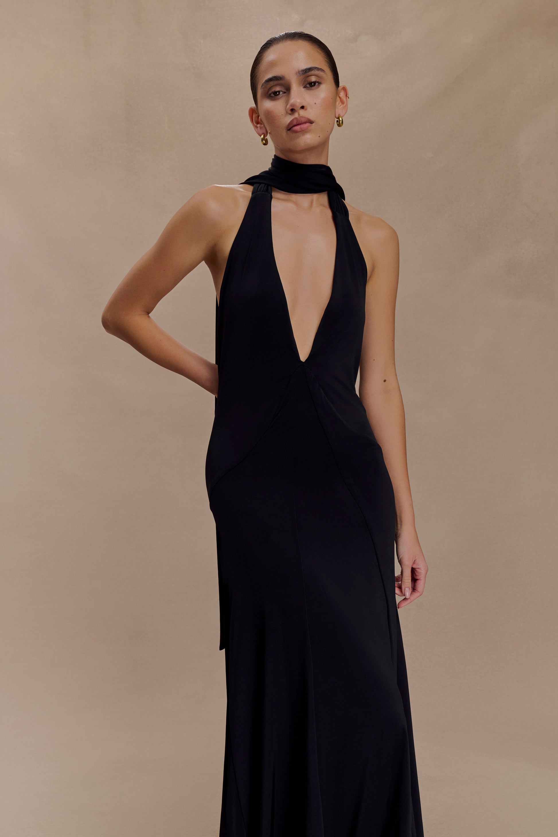 Juliet Slinky Maxi Dress With Scarf / Black | MESHKI | 3XL Juliet Slinky Maxi Dress With Scarf / Black | MESHKI | 3XL