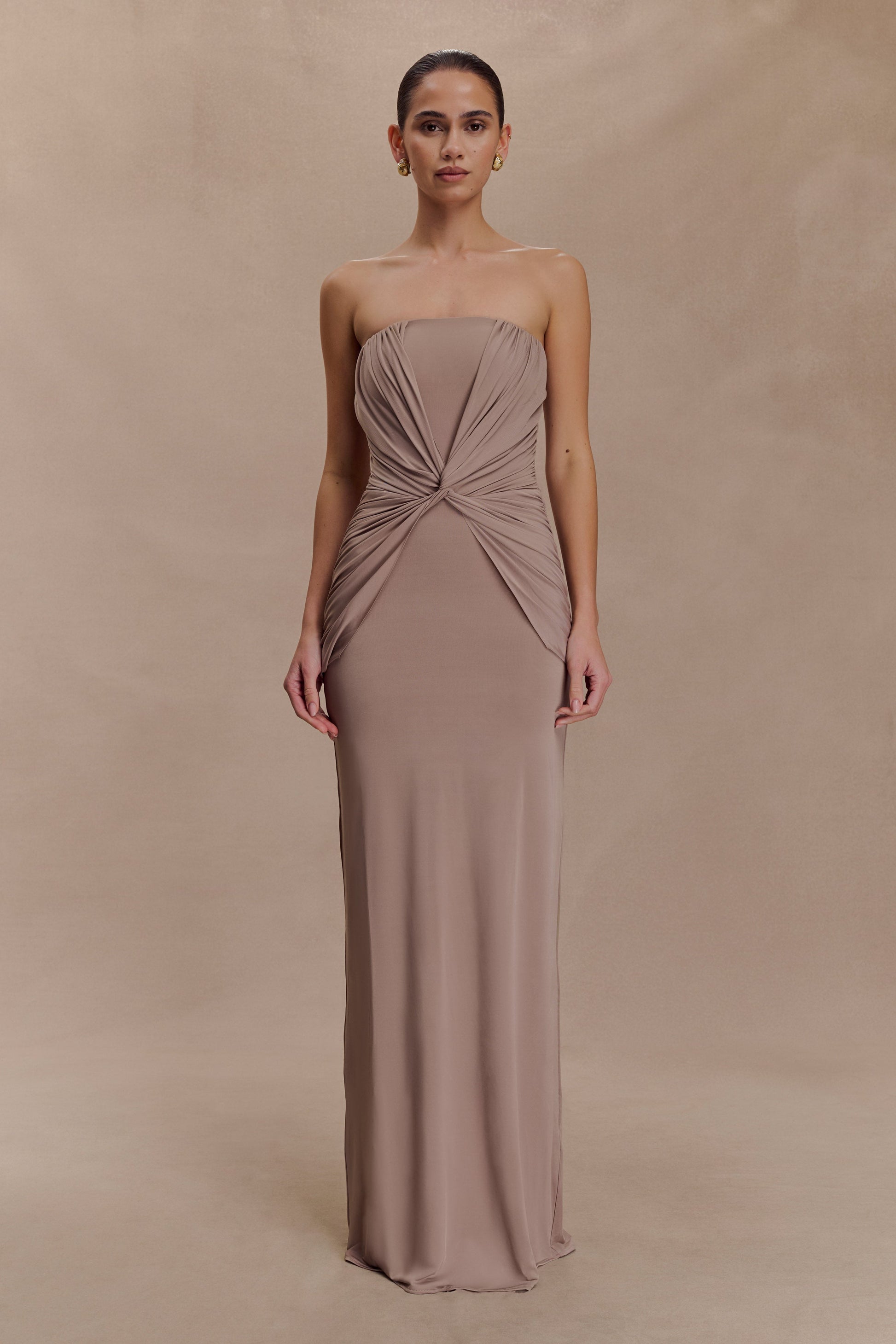 Mirren Strapless Slinky Maxi Dress - Bronze | MESHKI US Mirren Strapless Slinky Maxi Dress - Bronze | MESHKI US