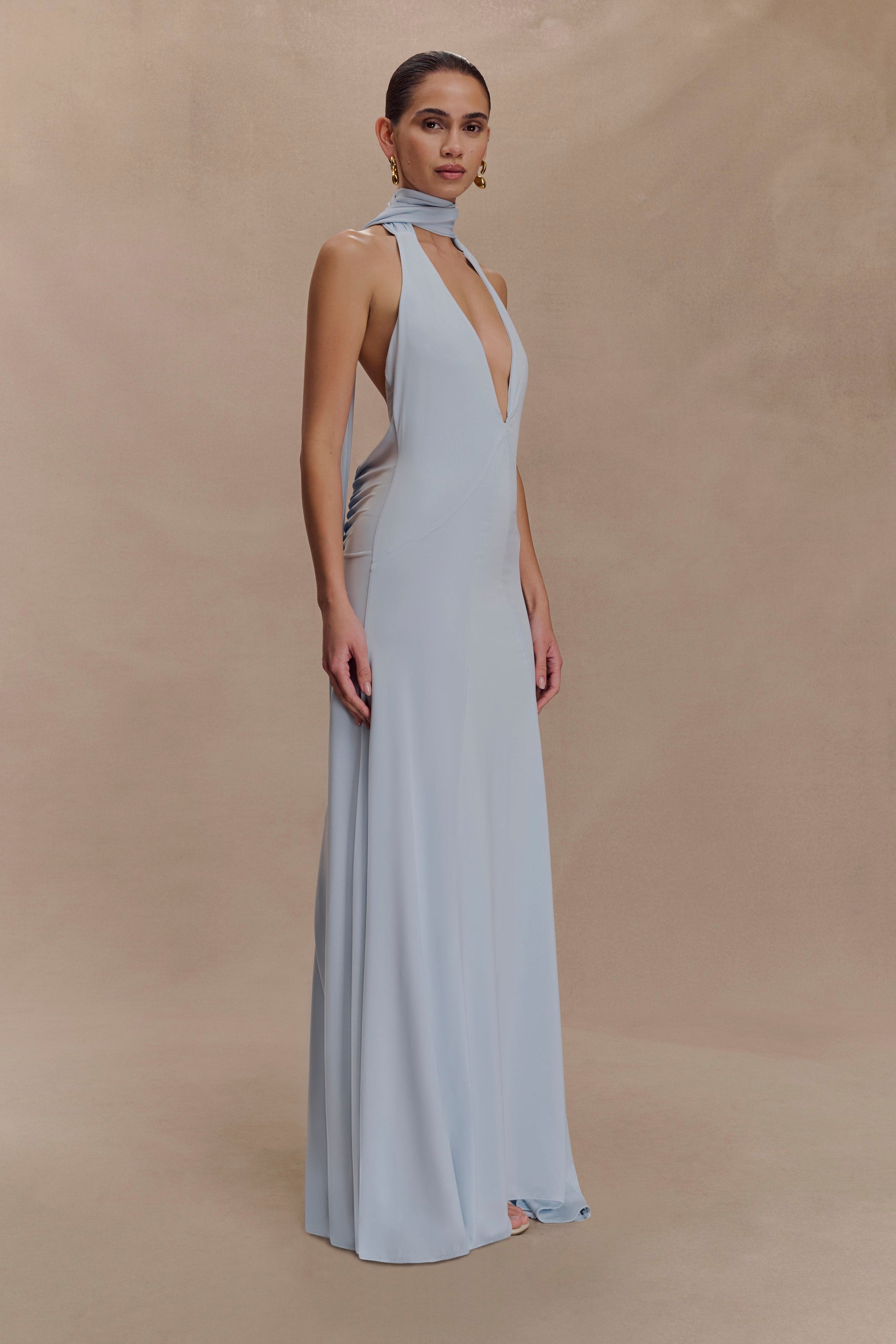 Juliet Slinky Maxi Dress With Scarf - Pale Blue | MESHKI US Juliet Slinky Maxi Dress With Scarf - Pale Blue | MESHKI US
