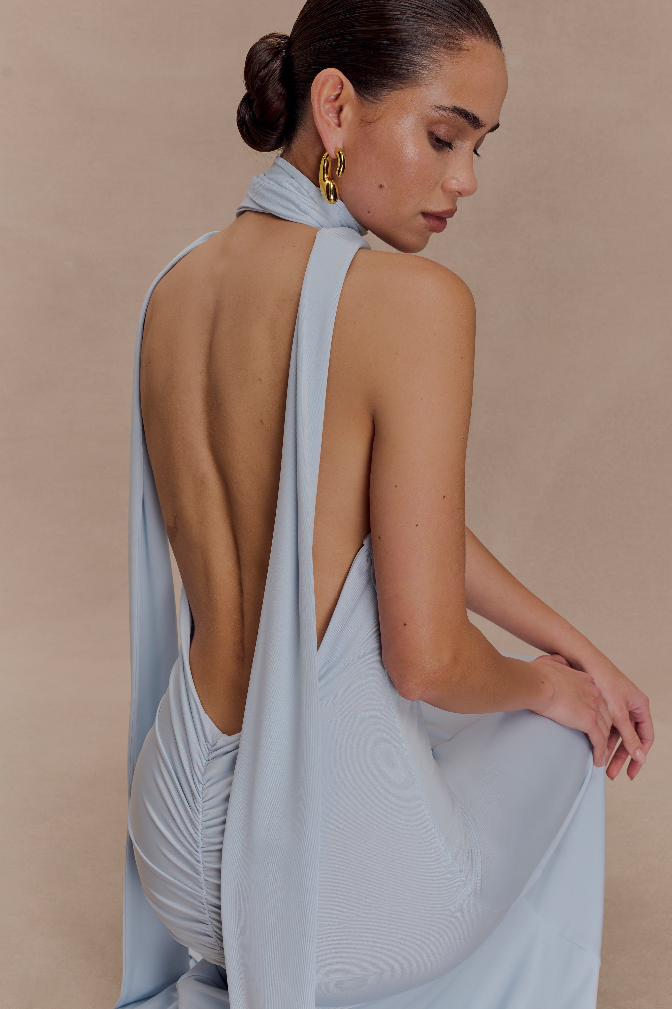 Juliet Slinky Maxi Dress With Scarf - Pale Blue | MESHKI US