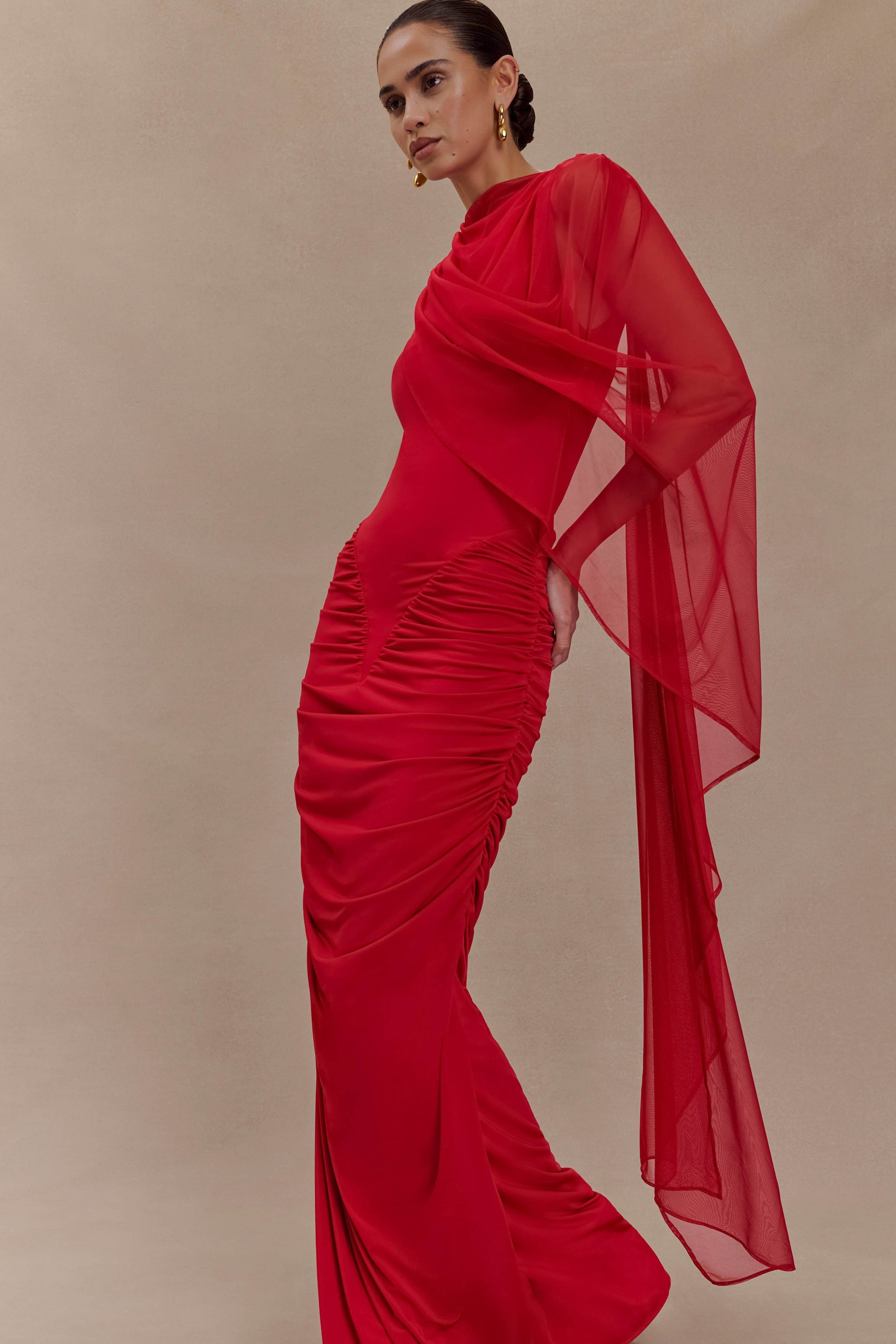 Amandine Ruched Slinky Maxi Dress / Ruby | MESHKI