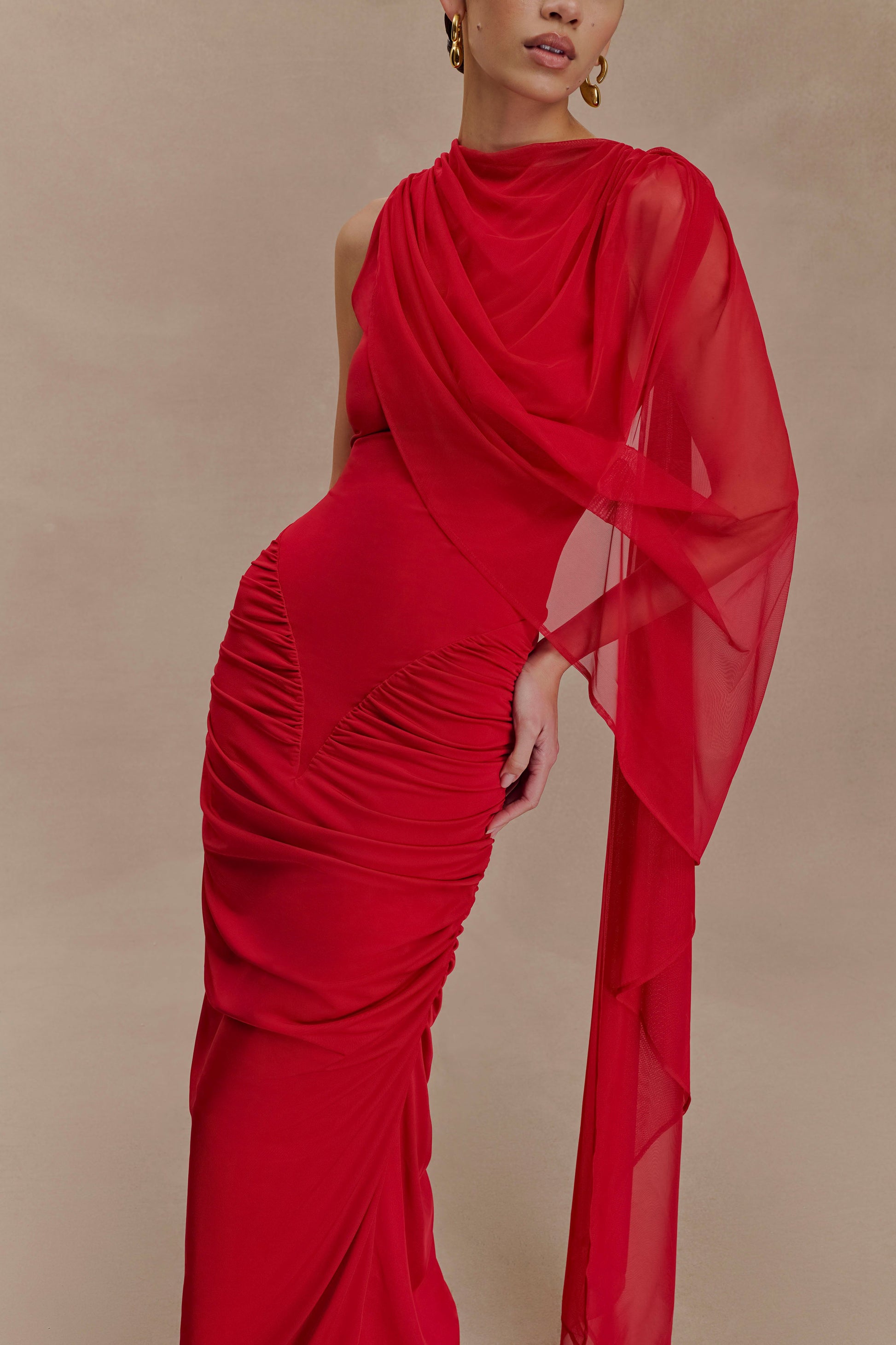 Amandine Ruched Slinky Maxi Dress / Ruby | MESHKI