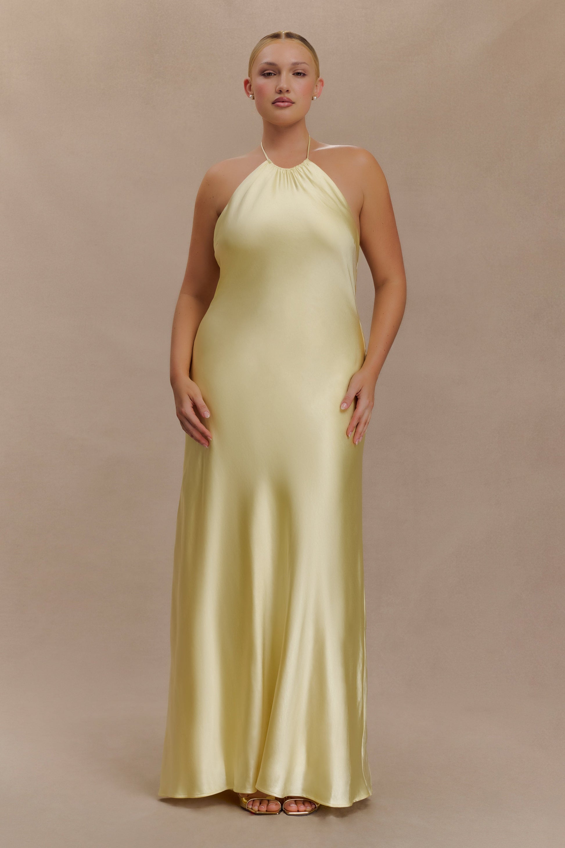 Bella Satin Halter Maxi Dress / Lemon | MESHKI | XXL Bella Satin Halter Maxi Dress / Lemon | MESHKI | XXL