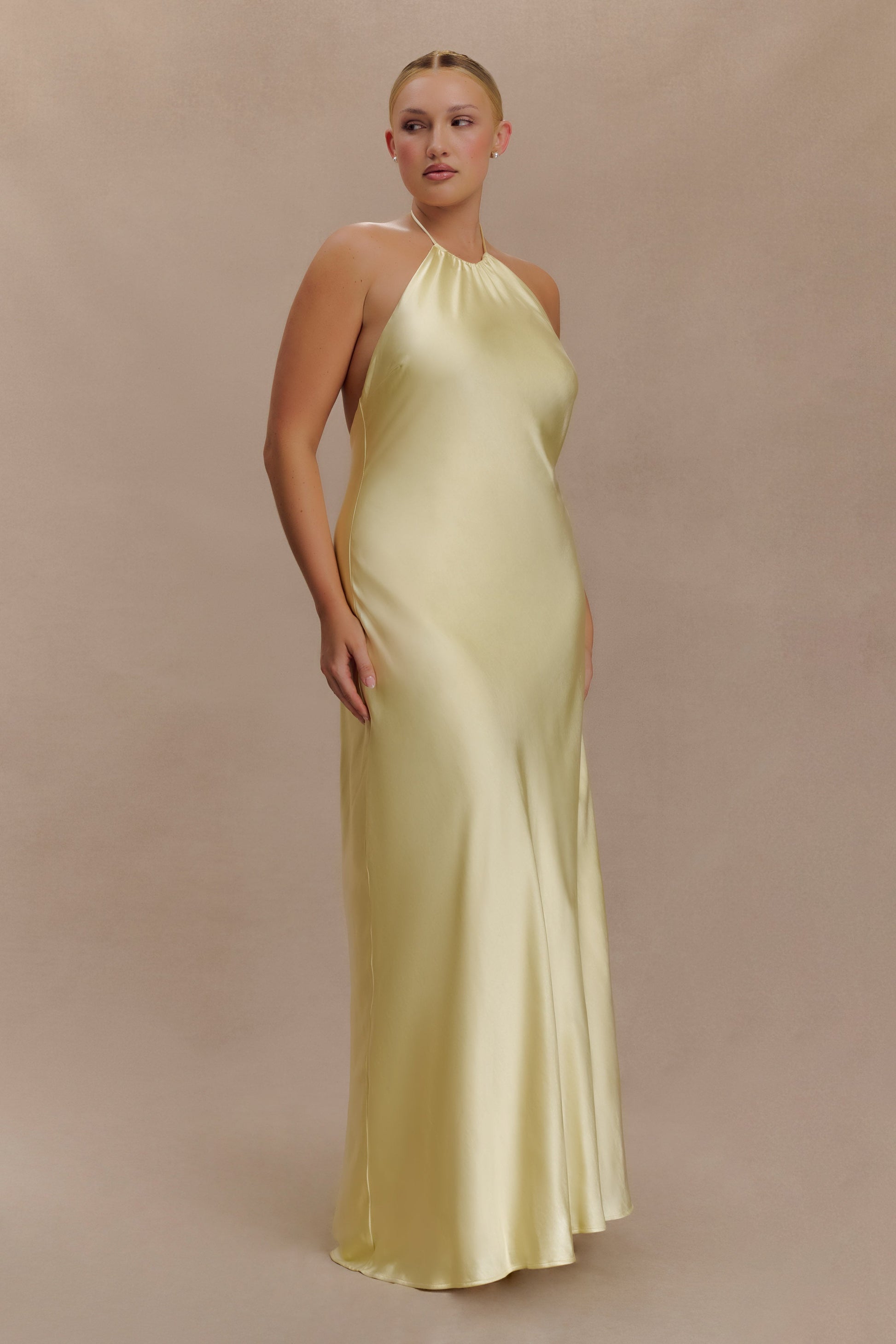 Bella Satin Halter Maxi Dress - Lemon #6