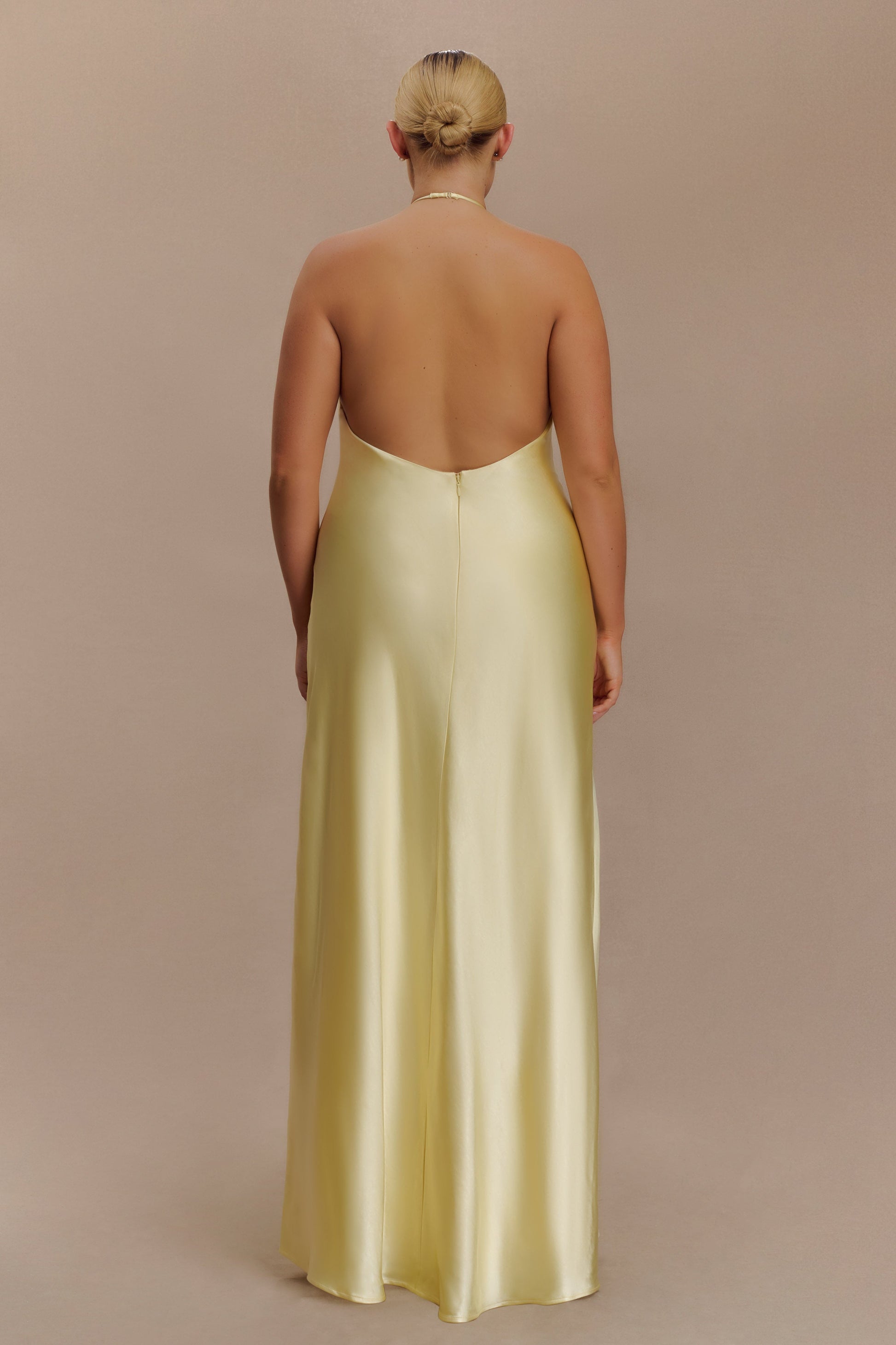 Bella Satin Halter Maxi Dress / Lemon | MESHKI | XXL Bella Satin Halter Maxi Dress / Lemon | MESHKI | XXL