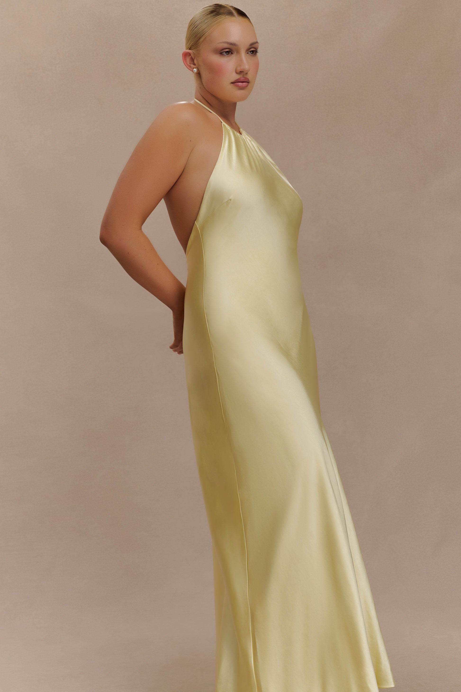 Bella Satin Halter Maxi Dress - Lemon #8