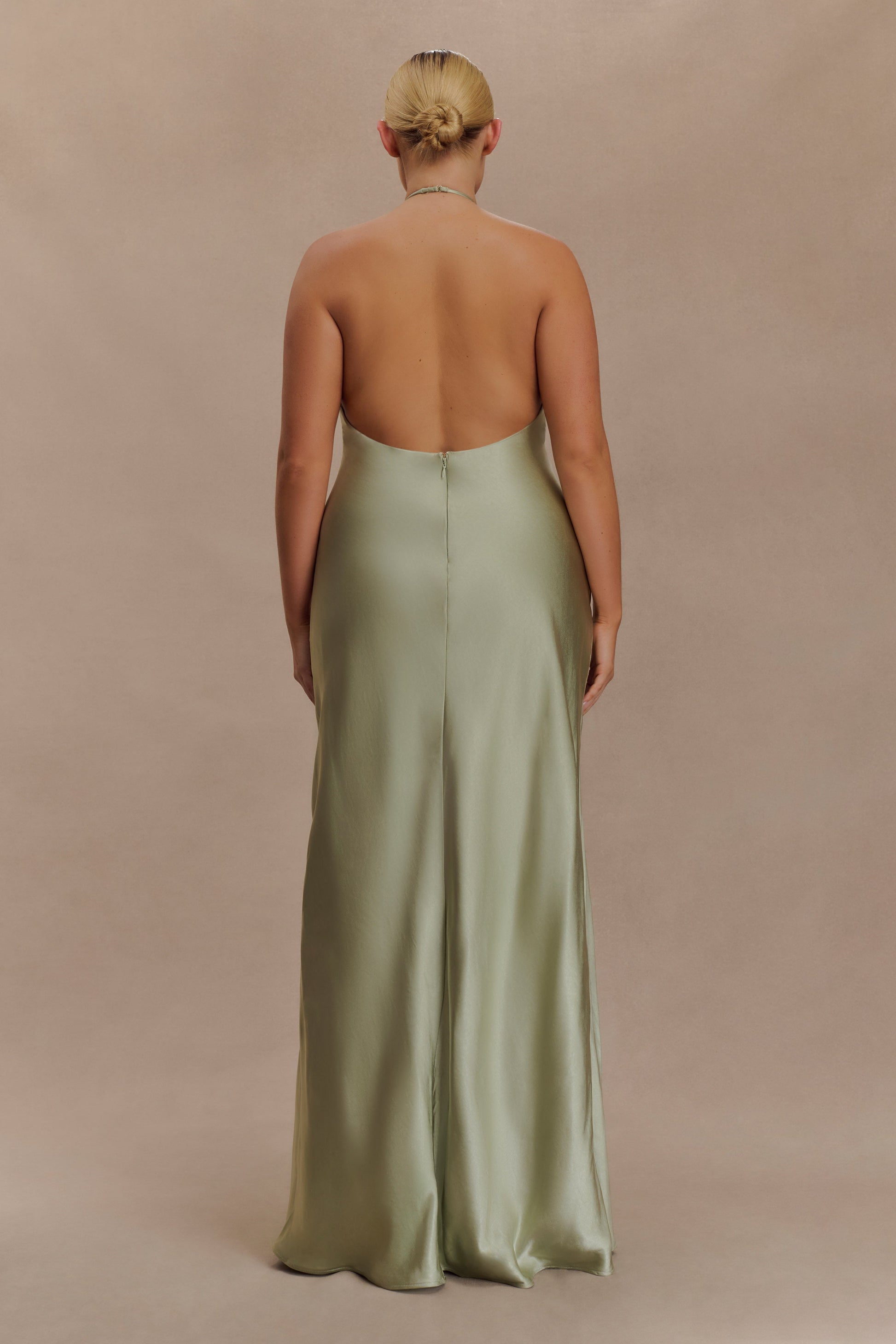 Bella Satin Halter Maxi Dress - Sage | MESHKI US Bella Satin Halter Maxi Dress - Sage | MESHKI US