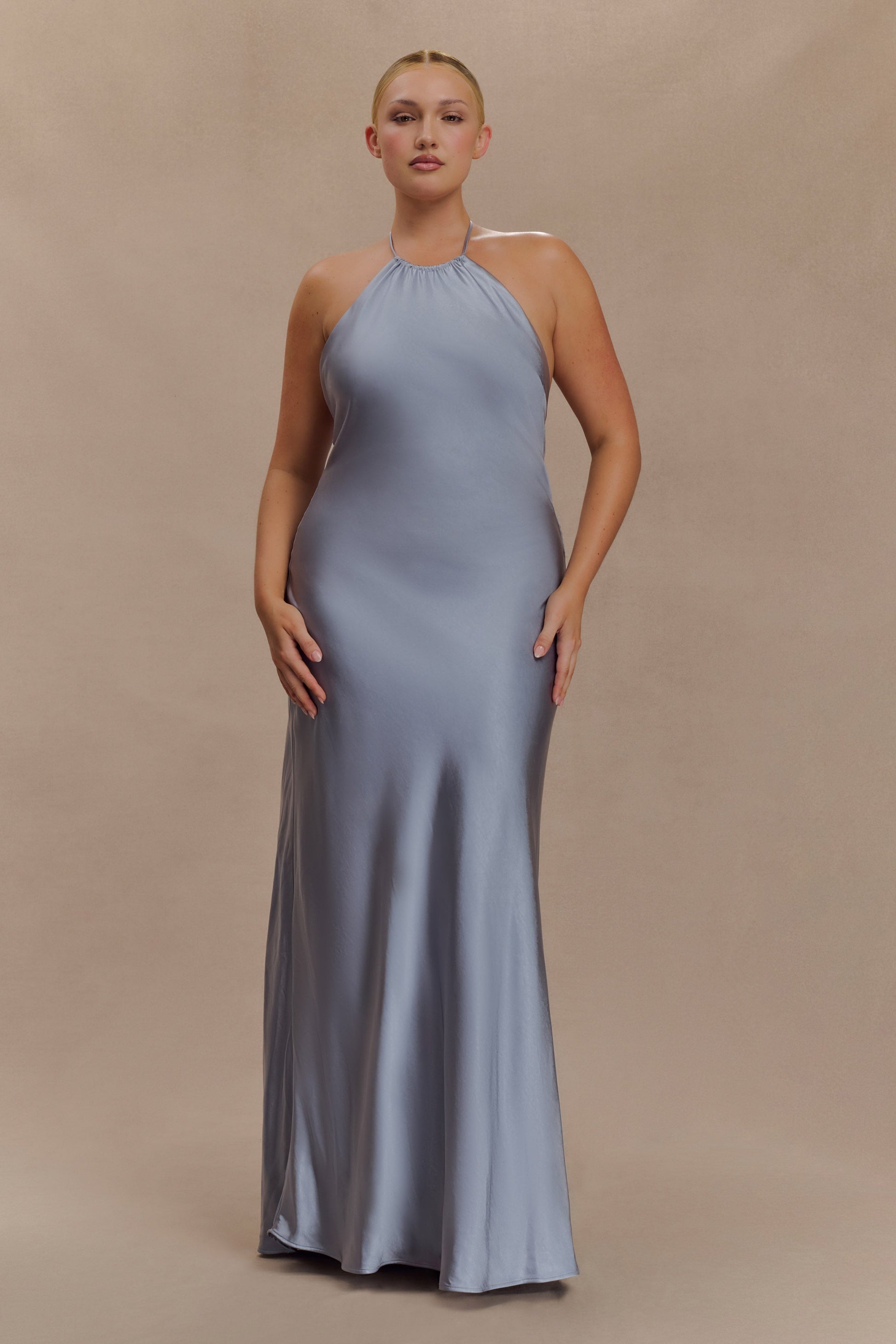 Bella Satin Halter Maxi Dress / Frosted Blue | MESHKI | S Bella Satin Halter Maxi Dress / Frosted Blue | MESHKI | S