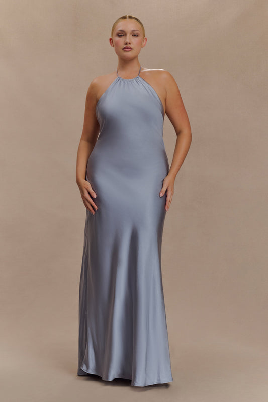 Bella Satin Halter Maxi Dress - Frosted Blue