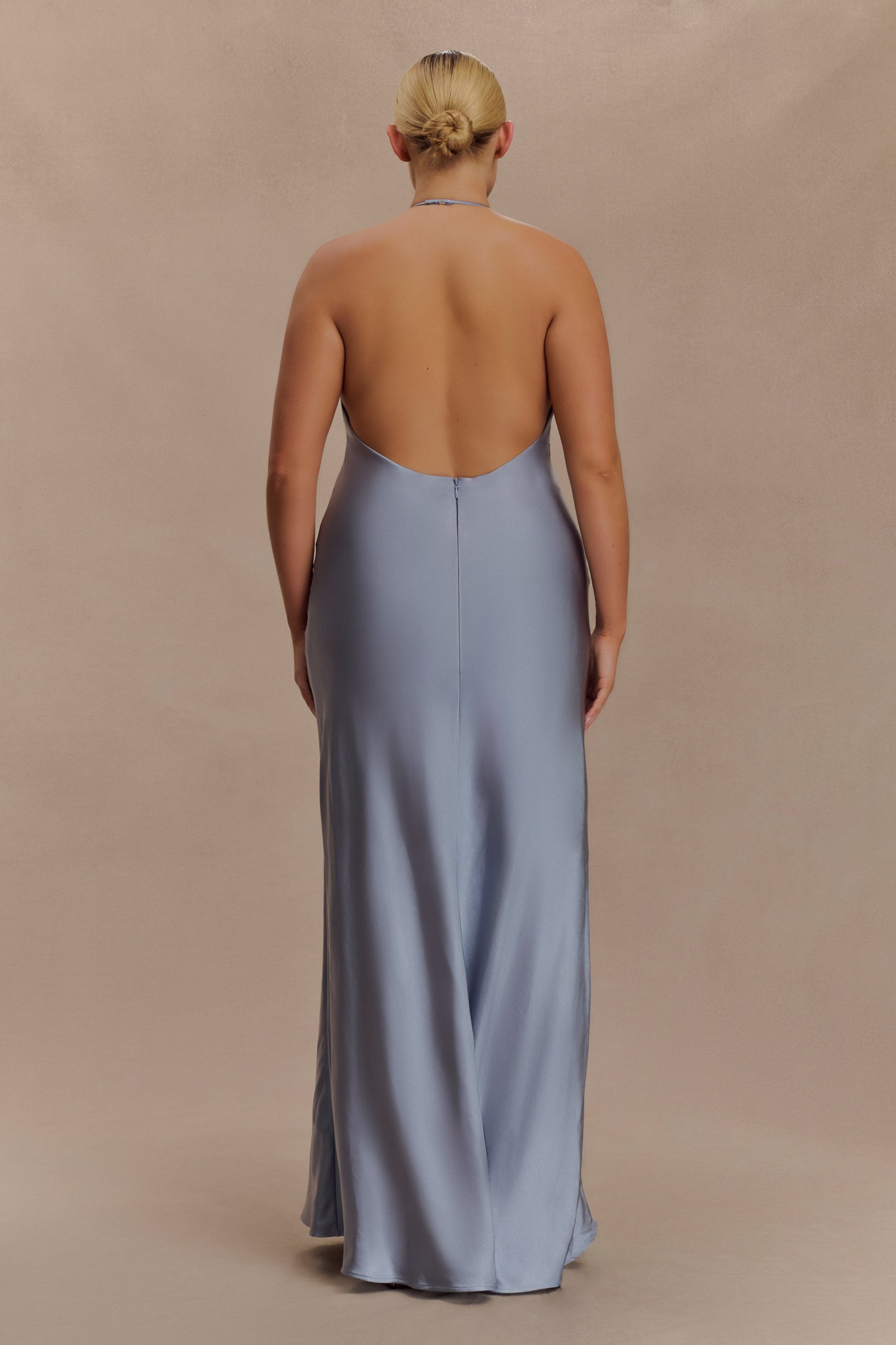 blue satin backless dress Exceptional Status Blue Halter Backless Slip Midi Dress
