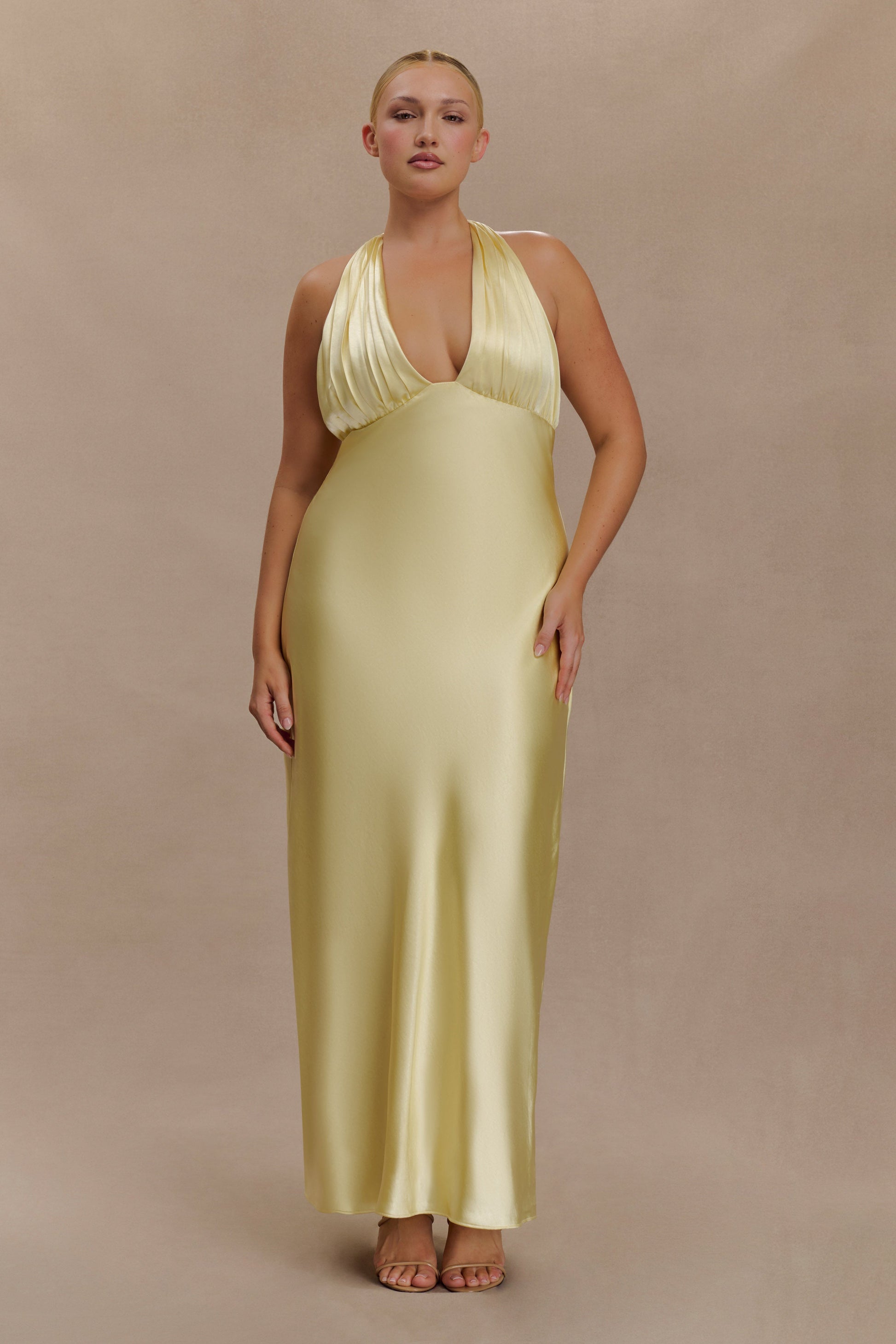 Alice Satin Halter Maxi Dress / Lemon | MESHKI Alice Satin Halter Maxi Dress / Lemon | MESHKI