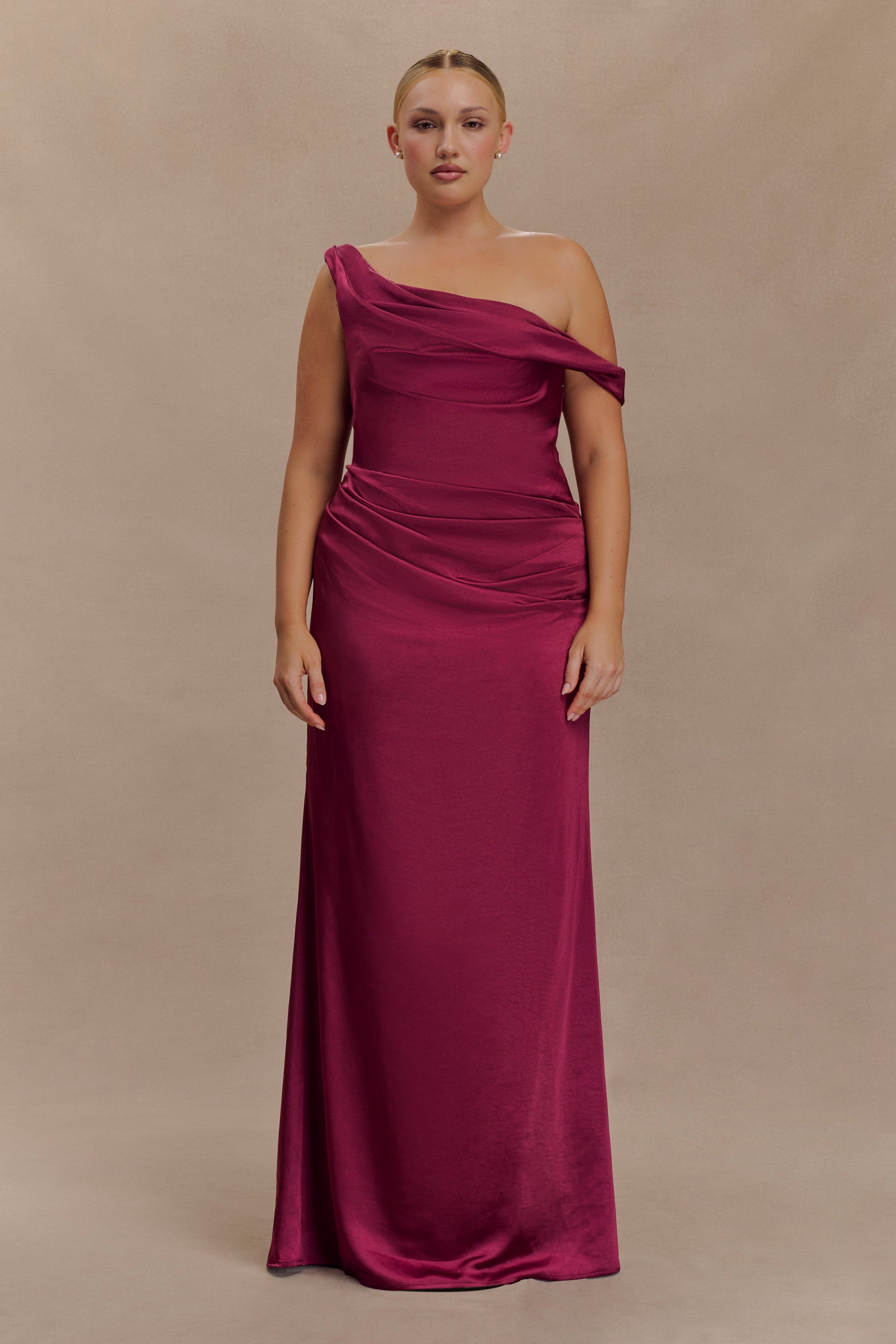 Dalia Off Shoulder Satin Maxi Dress / Mahogany | MESHKI