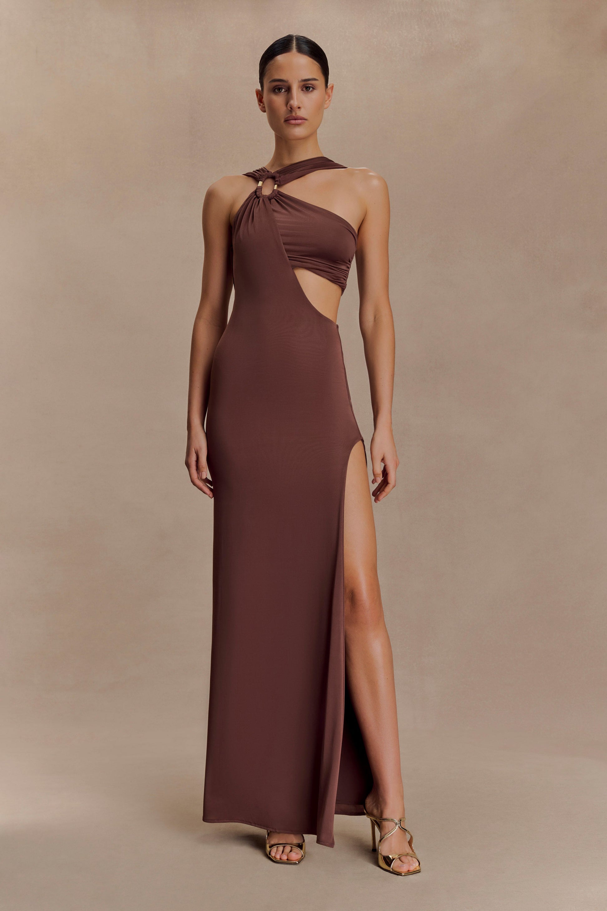 Lottie Slinky Maxi Dress With Split - Chocolate | MESHKI US Lottie Slinky Maxi Dress With Split - Chocolate | MESHKI US