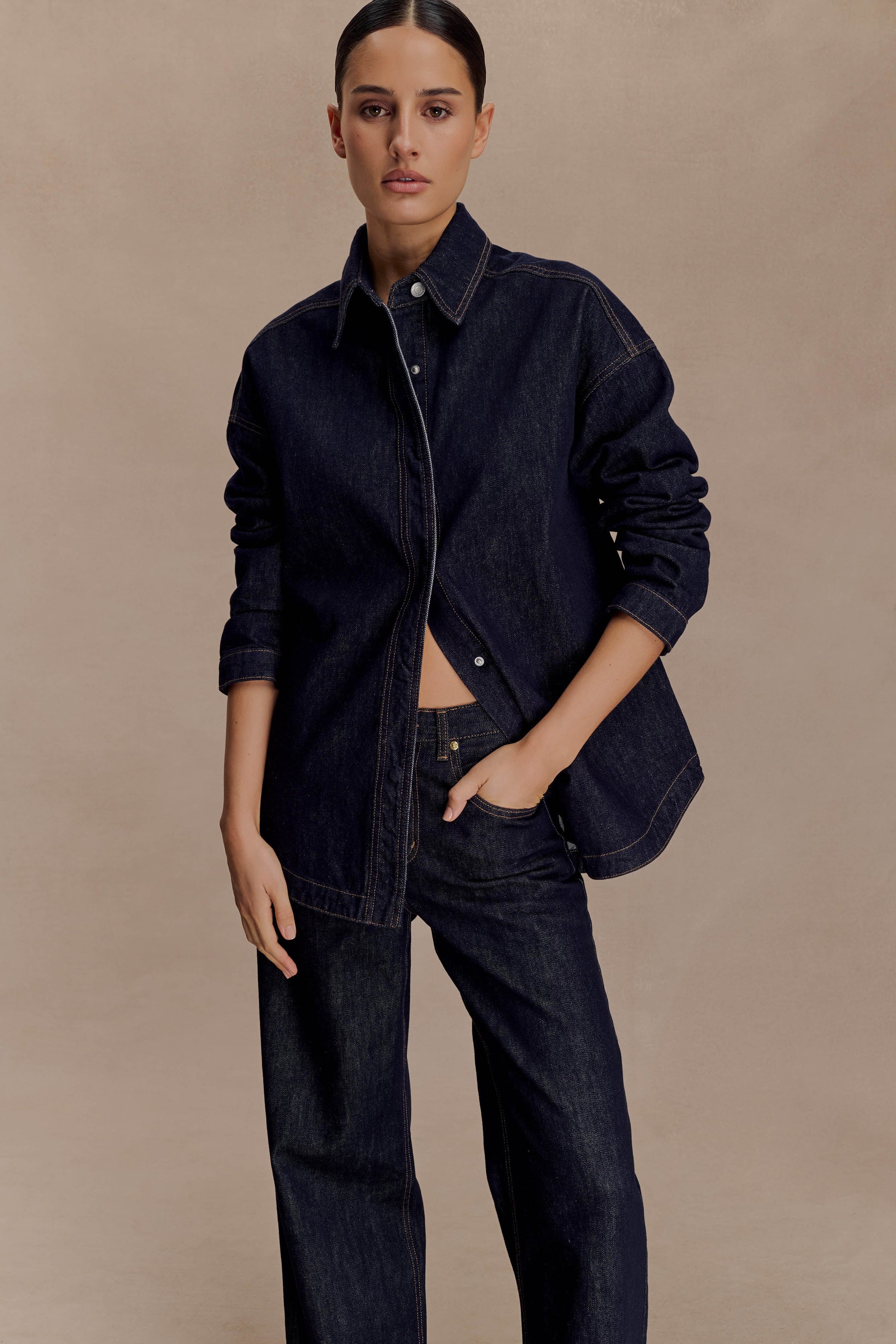 Lioda Oversized Denim Shirt - Washed Indigo Blue | MESHKI US Lioda Oversized Denim Shirt - Washed Indigo Blue | MESHKI US