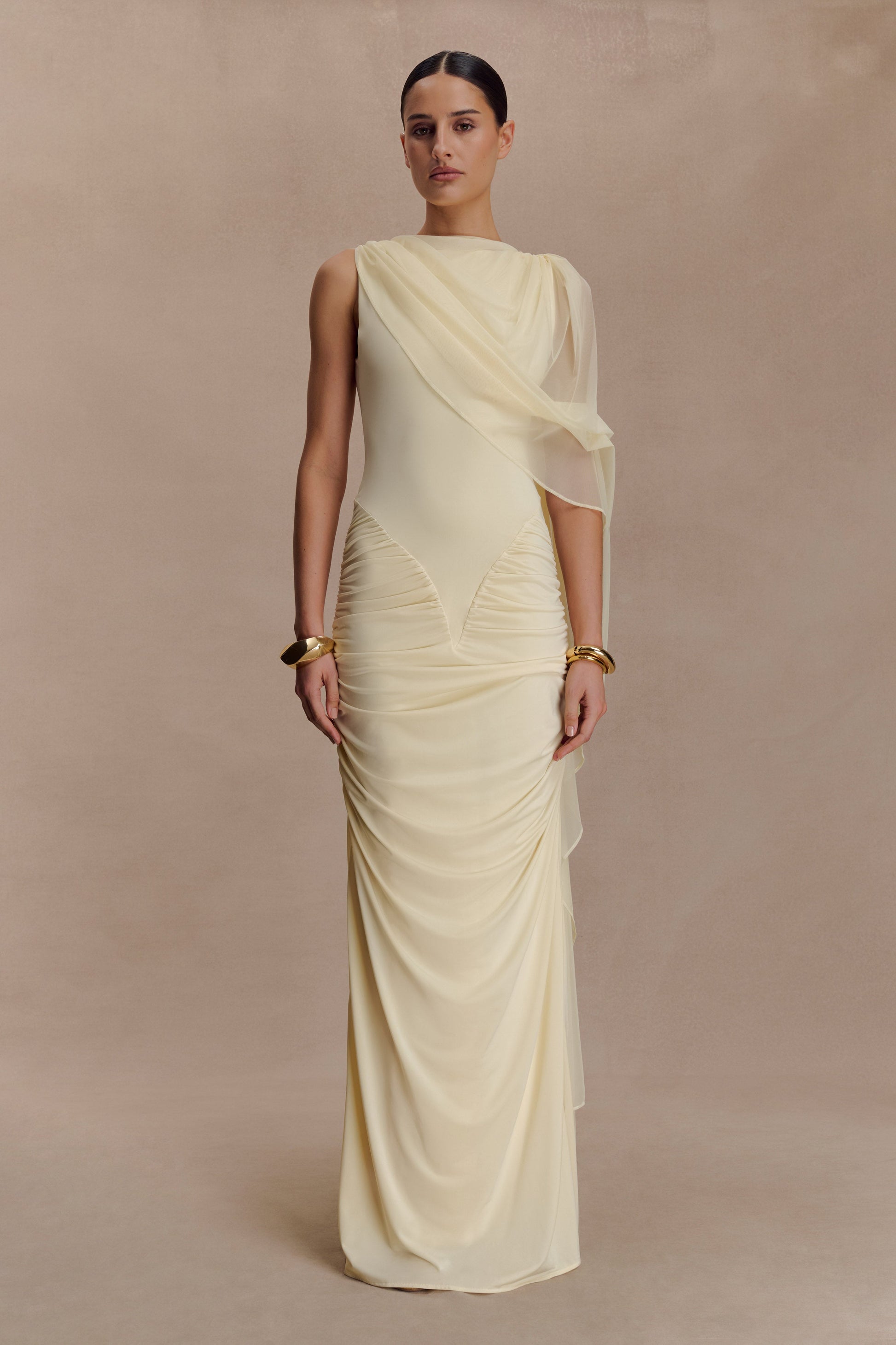 Amandine Ruched Slinky Maxi Dress / Lemon | Meshki | S Amandine Ruched Slinky Maxi Dress / Lemon | Meshki | S