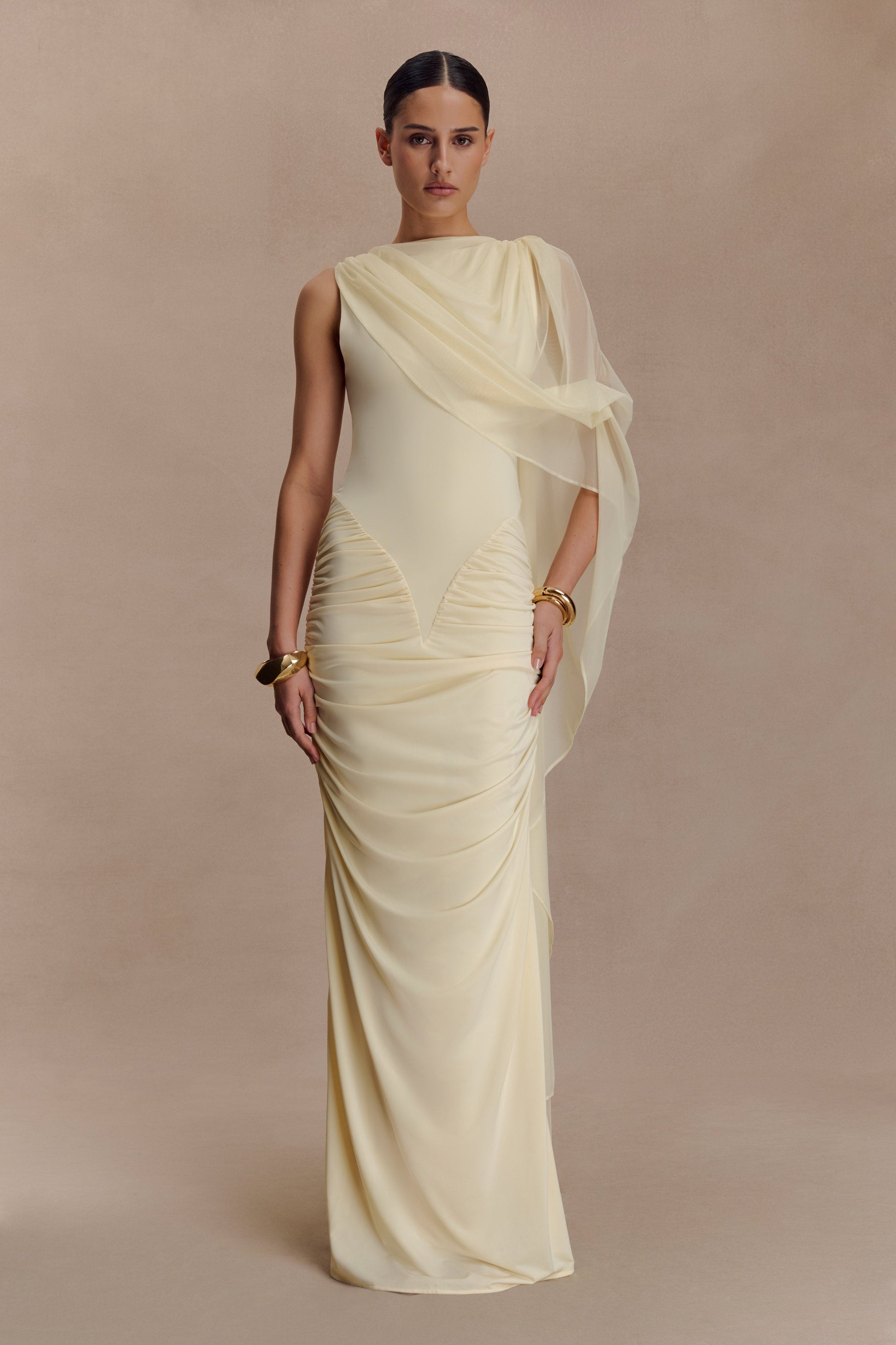 Amandine Ruched Slinky Maxi Dress - Lemon | MESHKI US Amandine Ruched Slinky Maxi Dress - Lemon | MESHKI US